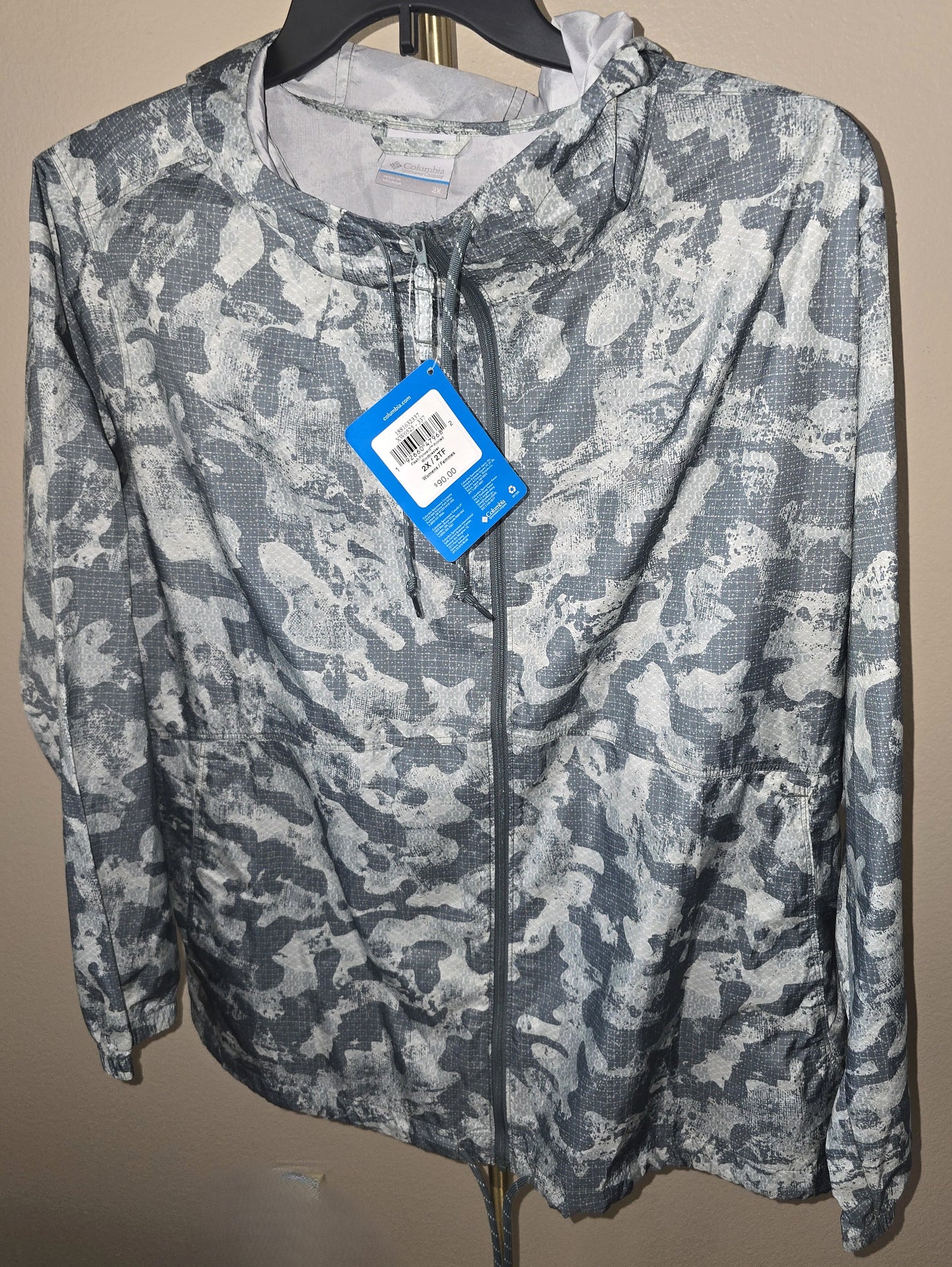 Columbia Women's Green Camouflage Long Sleeve Hoodie Windbreaker Rain Jacket 2X