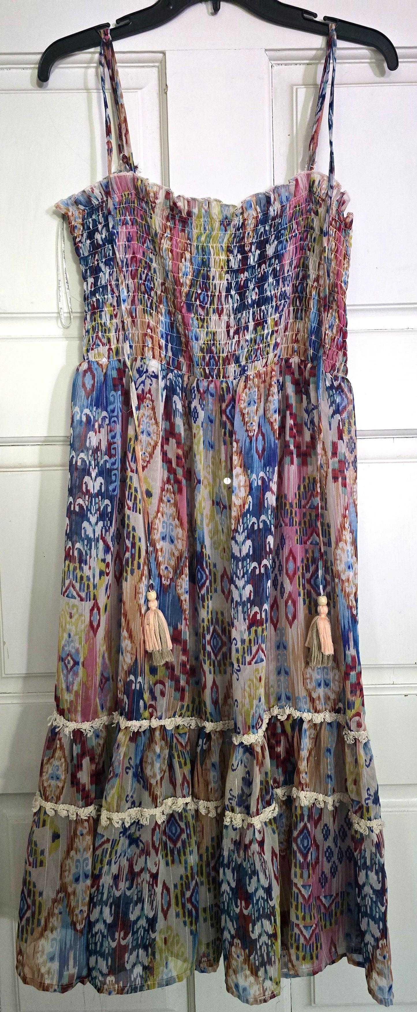 Pre-loved Boho Smocked Spaghetti Strap Dress - Colorful Ikat / Patchwork Print