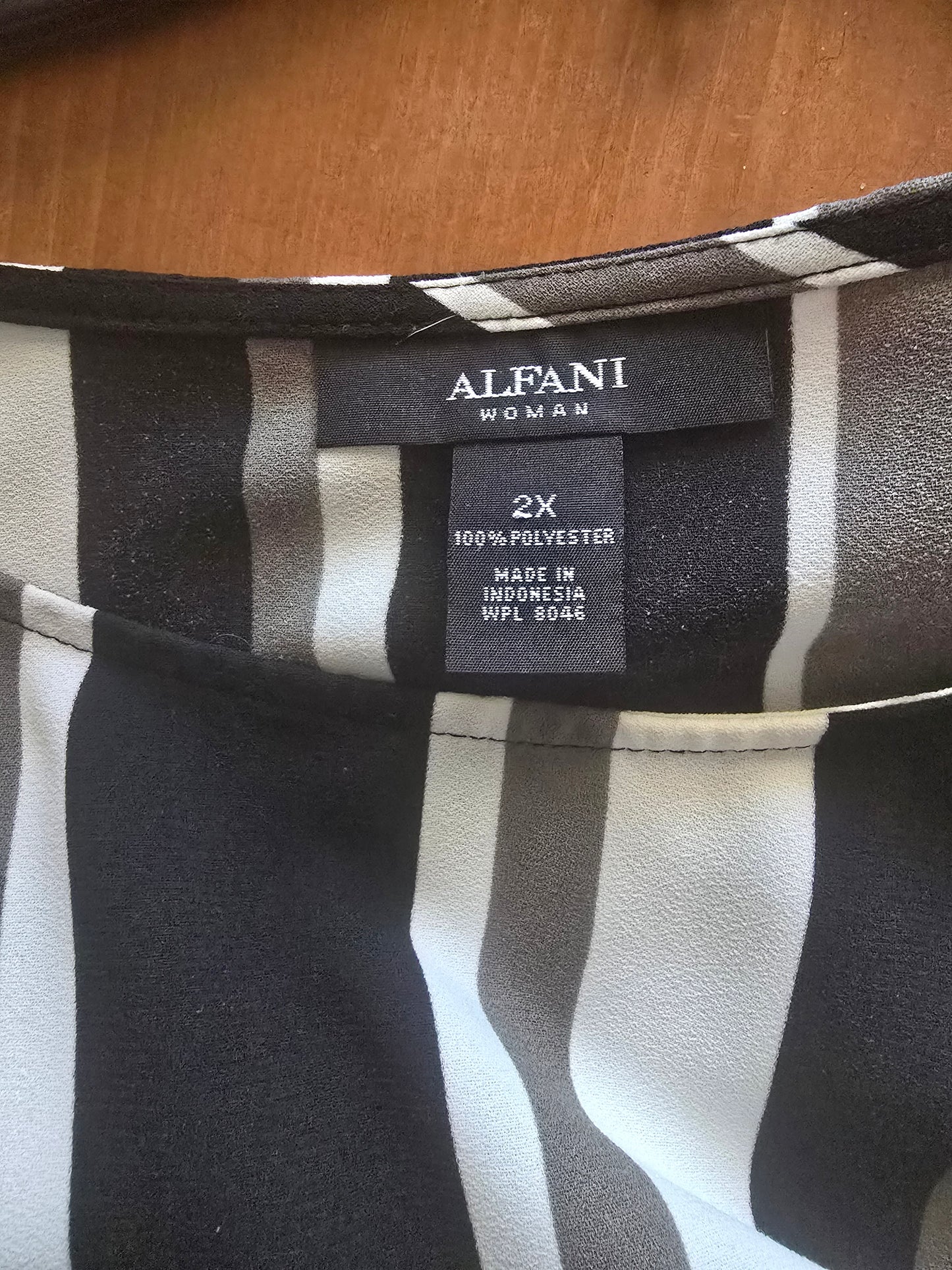 Pre-loved Alfani Striped Blouse - Black, White & Grey Ruffle Sleeves
