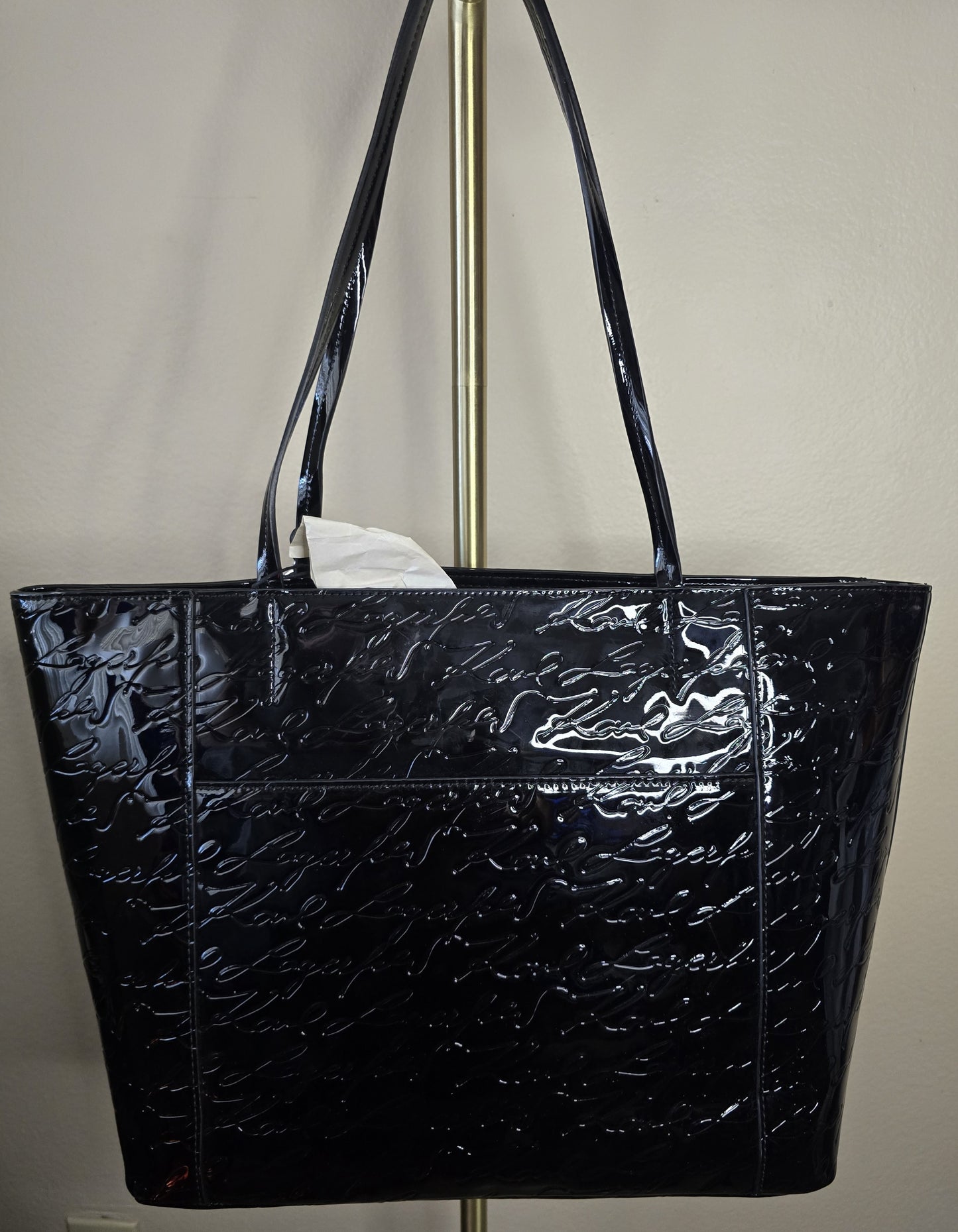 New Karl Lagerfeld Paris Black Patent Embossed Eiffel Tower Tote Bag Purse
