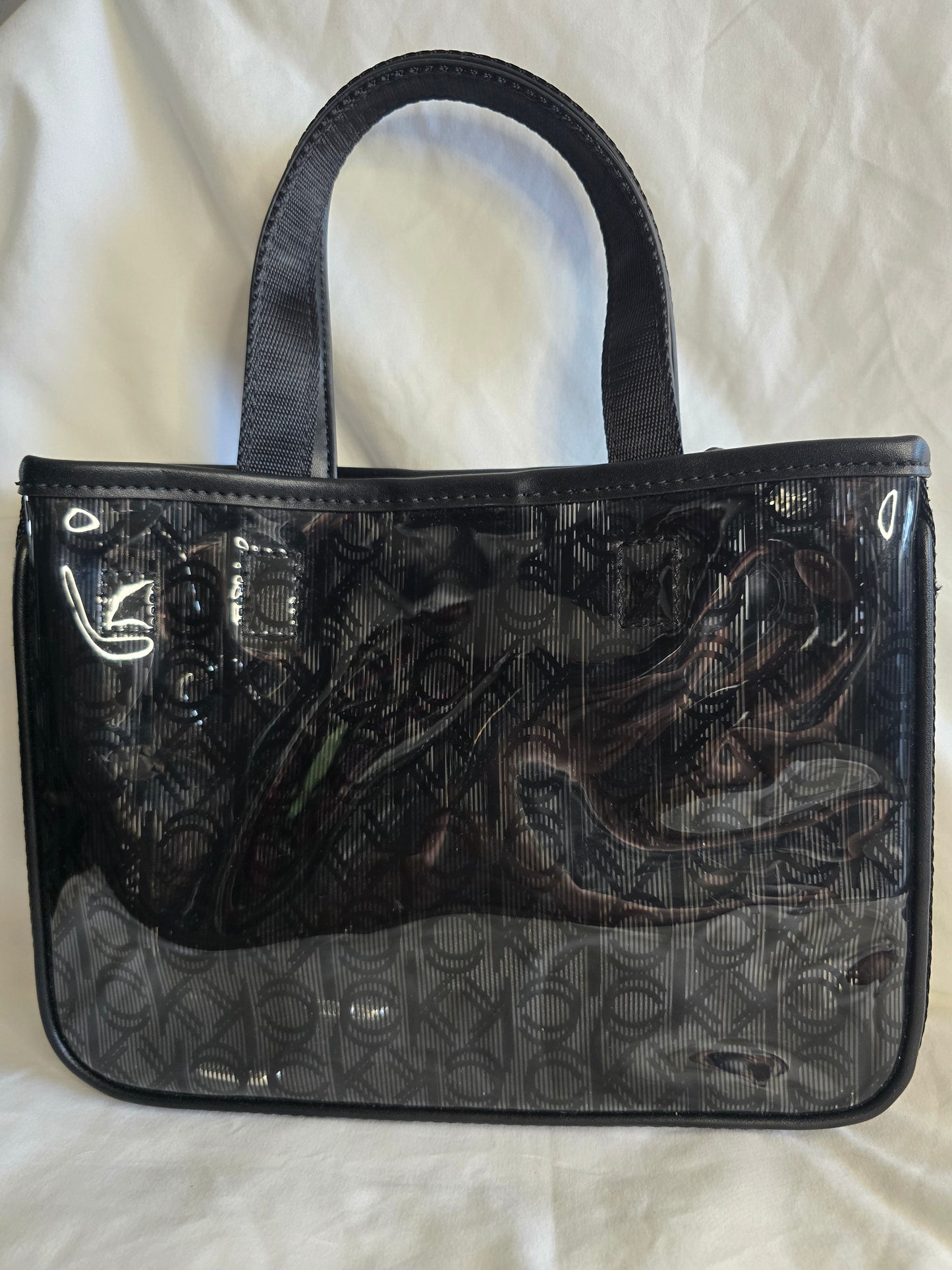 Calvin Klein "Tessa" Black Monogram Crossbody / Mini Tote Bag - Patent Finish