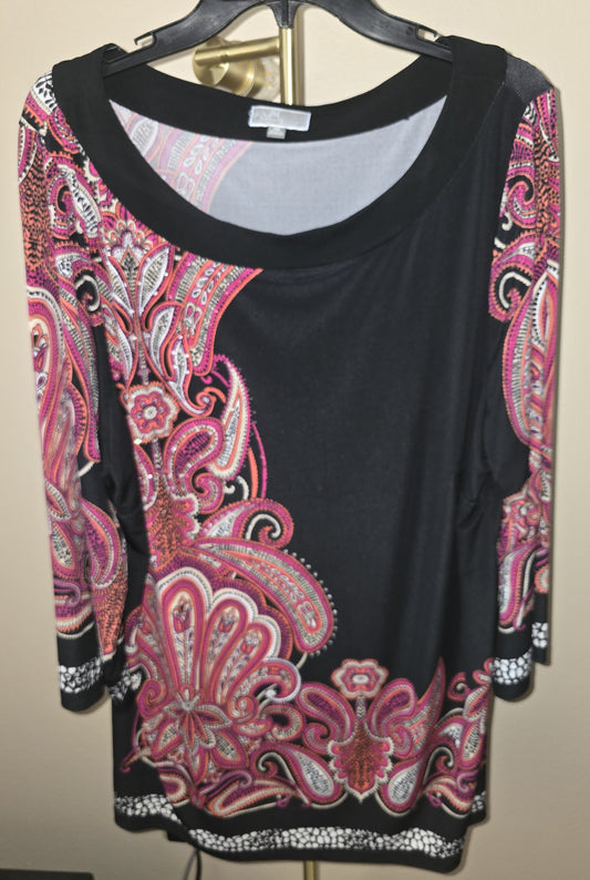 Pre-loved Bold Paisley Tunic Top - Black Pink Orange 2X