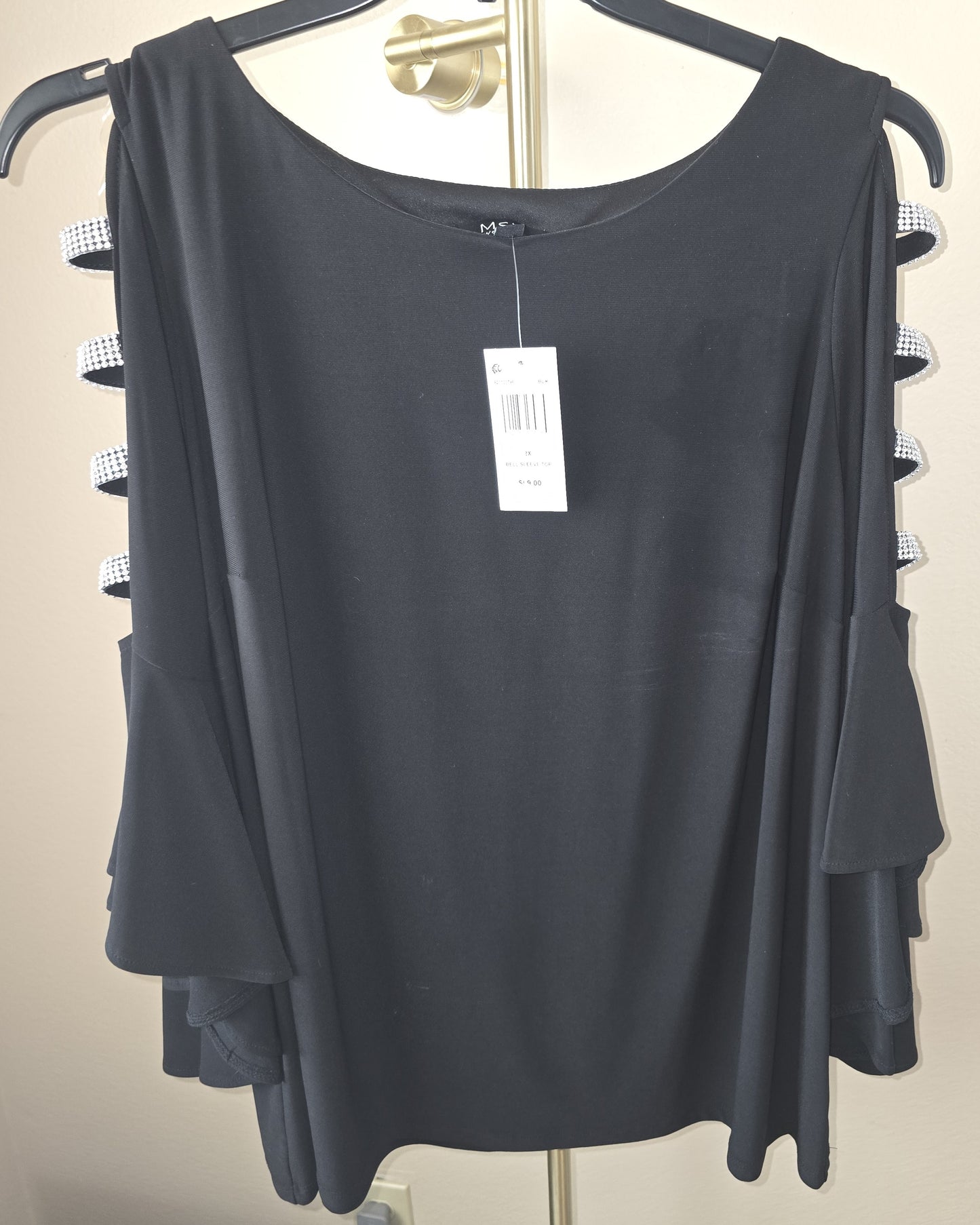 Women's 3/4 Sleeve Black Top w/Rhinestones 2X