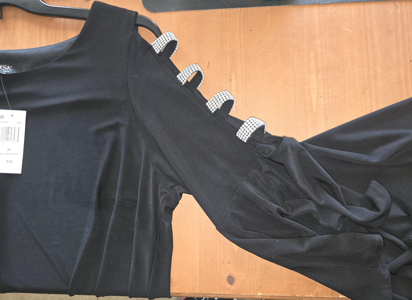 Women's 3/4 Sleeve Black Top w/Rhinestones 2X