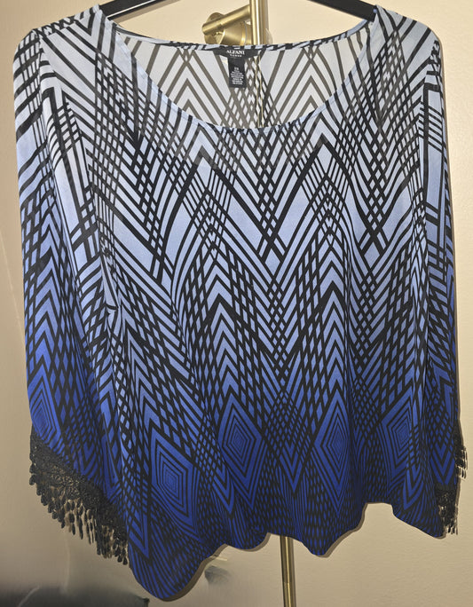 Alfani Crochet Blouson Wide Sleeve Black Blue 3/4 Sleeve Top Women's Plus 2X