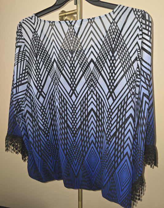 Alfani Crochet Blouson Wide Sleeve Black Blue 3/4 Sleeve Top Women's Plus 2X