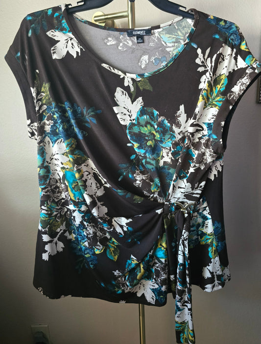 Pre-loved Brown Floral Tie-Front Top - Teal & White Blossoms 2X