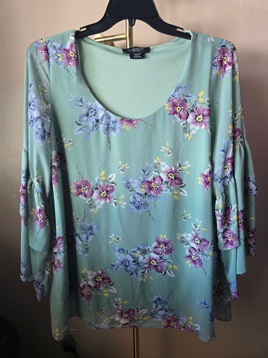 Pre-loved Teal Floral Blouse with Ruffle Sleeves - Romantic Print