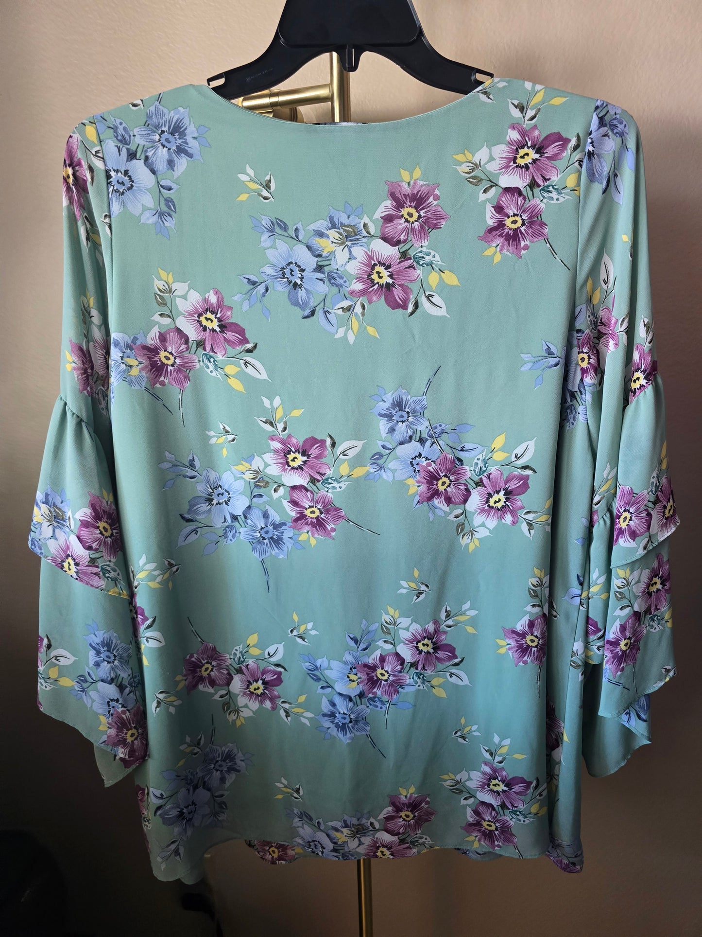 Pre-loved Teal Floral Blouse with Ruffle Sleeves - Romantic Print