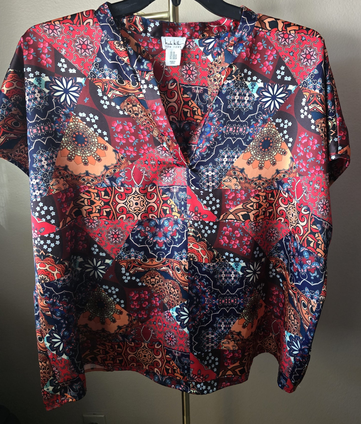 Pre-loved Multicolored Patchwork Blouse - Boho Print V-Neck Top 3X