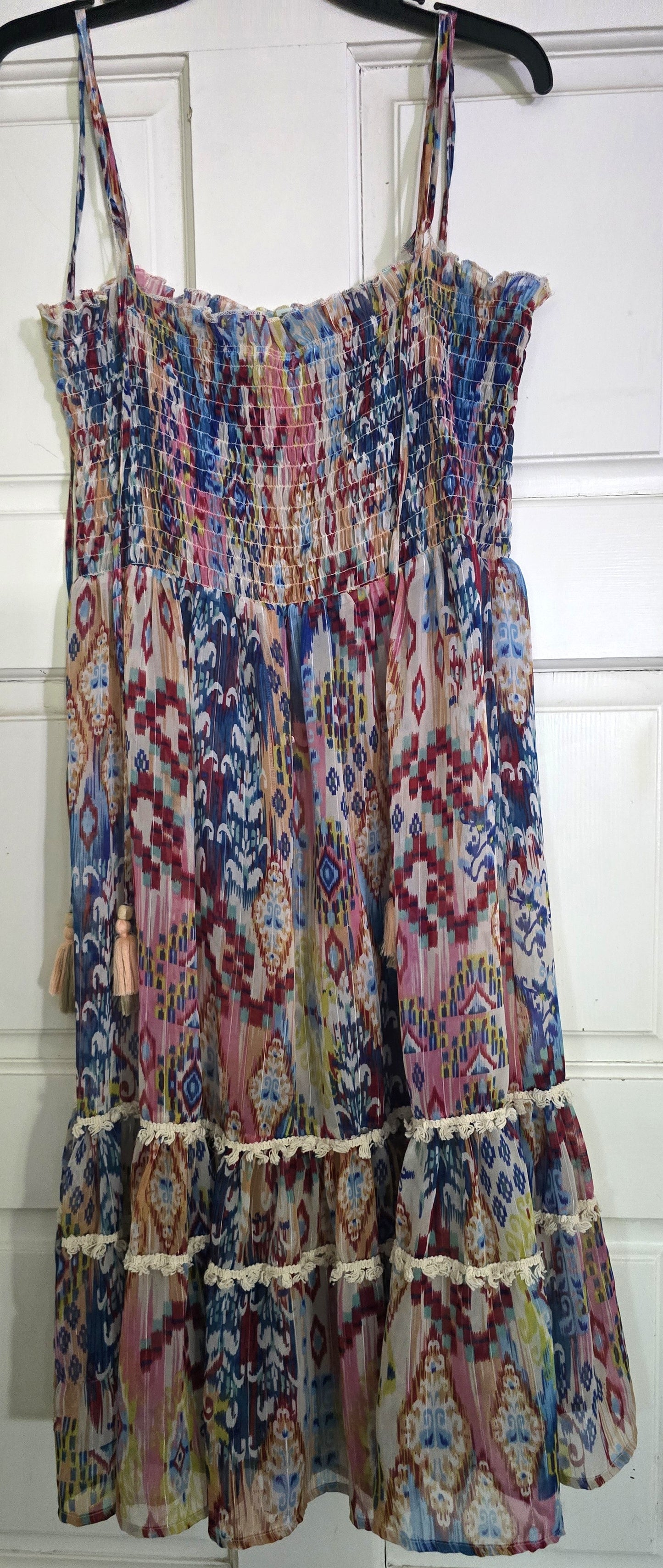 Pre-loved Boho Smocked Spaghetti Strap Dress - Colorful Ikat / Patchwork Print