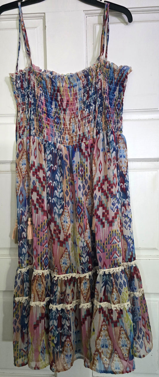 Pre-loved Boho Smocked Spaghetti Strap Dress - Colorful Ikat / Patchwork Print