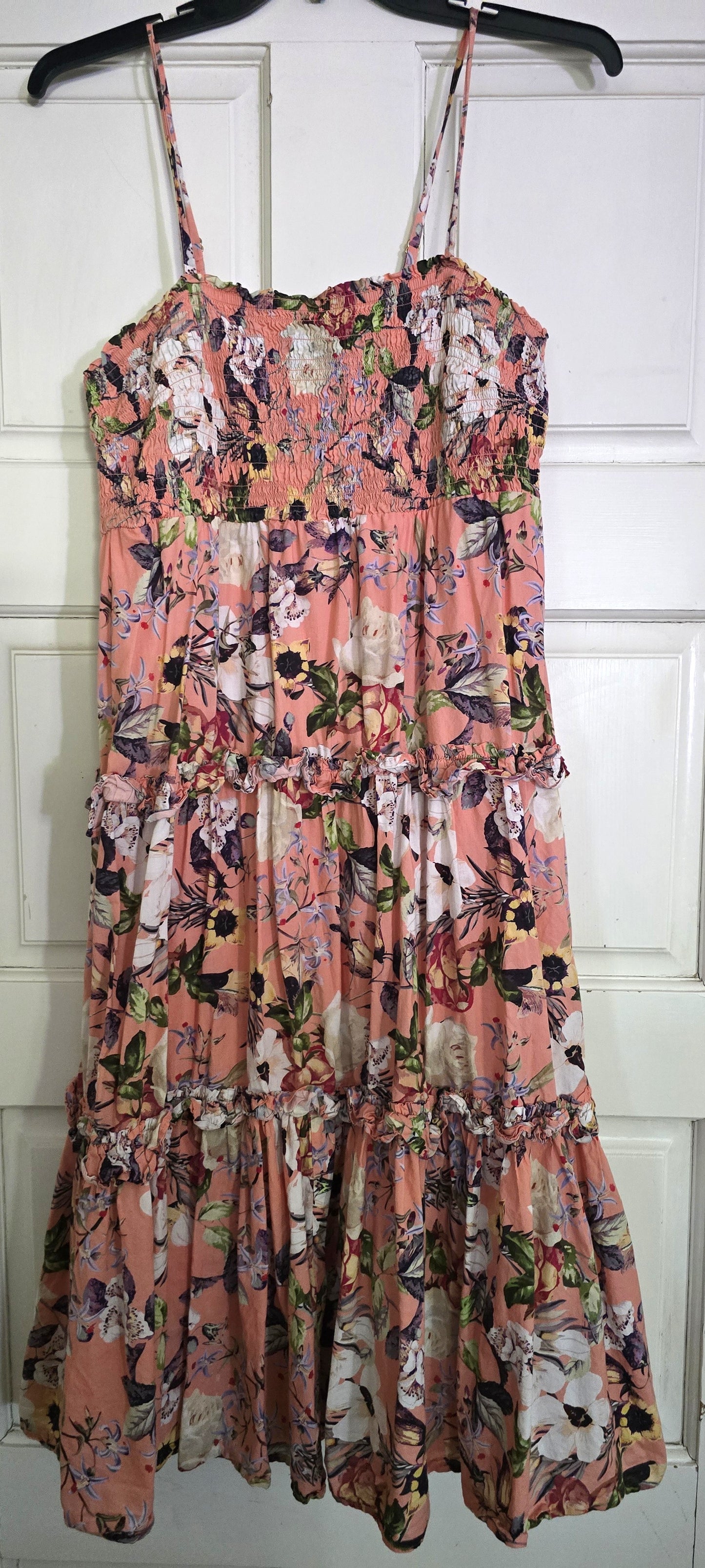 Pre-loved Peach Floral Smocked Spaghetti Strap Dress - Tiered Skirt