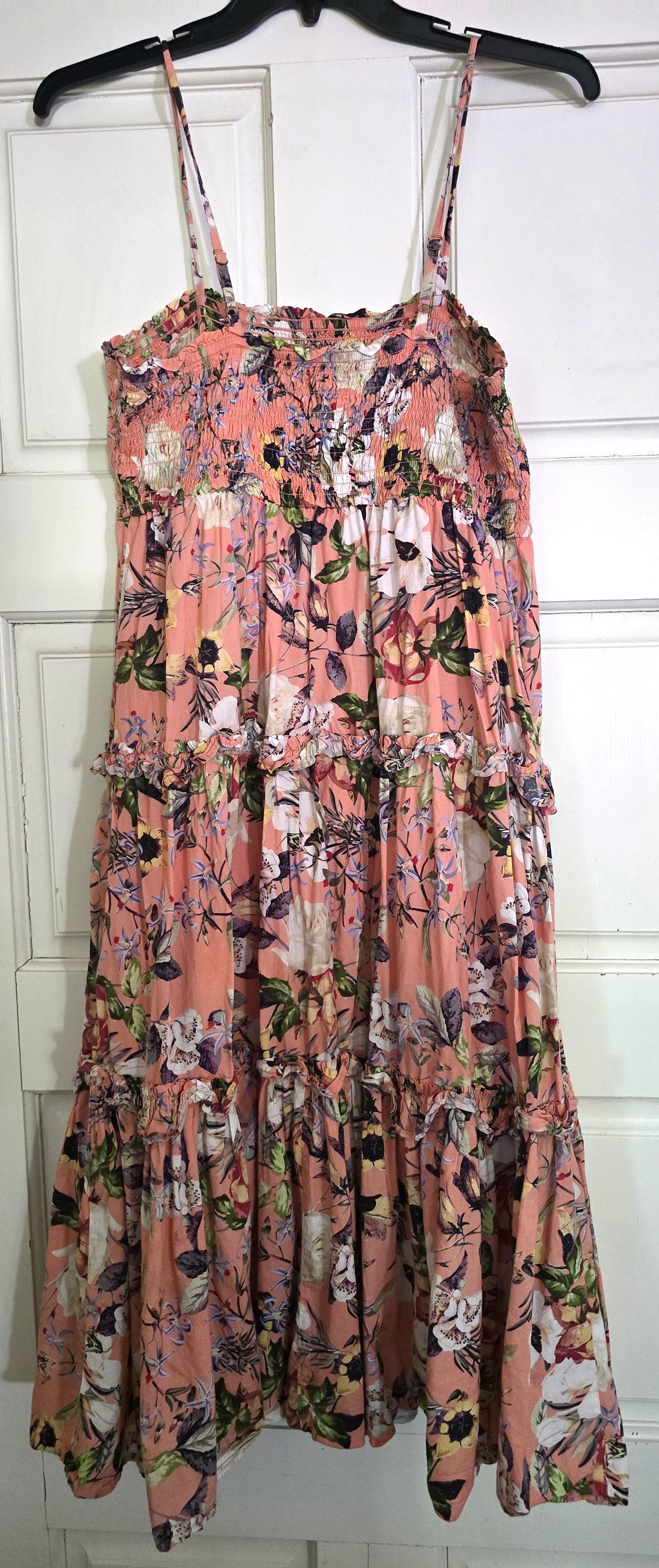 Pre-loved Peach Floral Smocked Spaghetti Strap Dress - Tiered Skirt