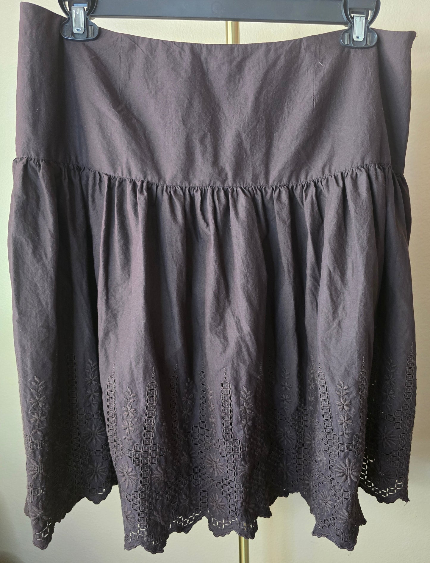 Pre-loved Dark Brown Eyelet Skirt - Gathered Waist with Scalloped Hem