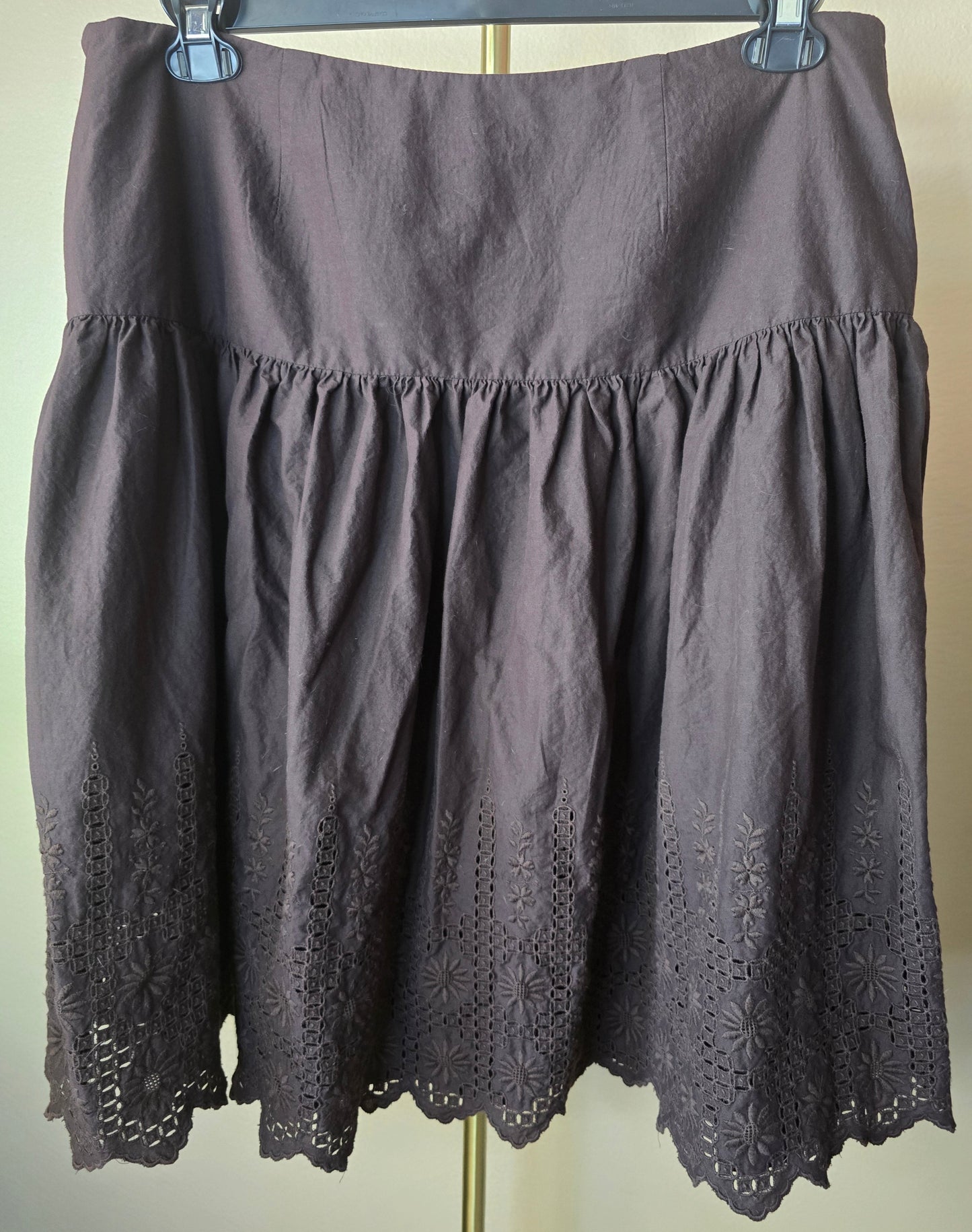 Pre-loved Dark Brown Eyelet Skirt - Gathered Waist with Scalloped Hem