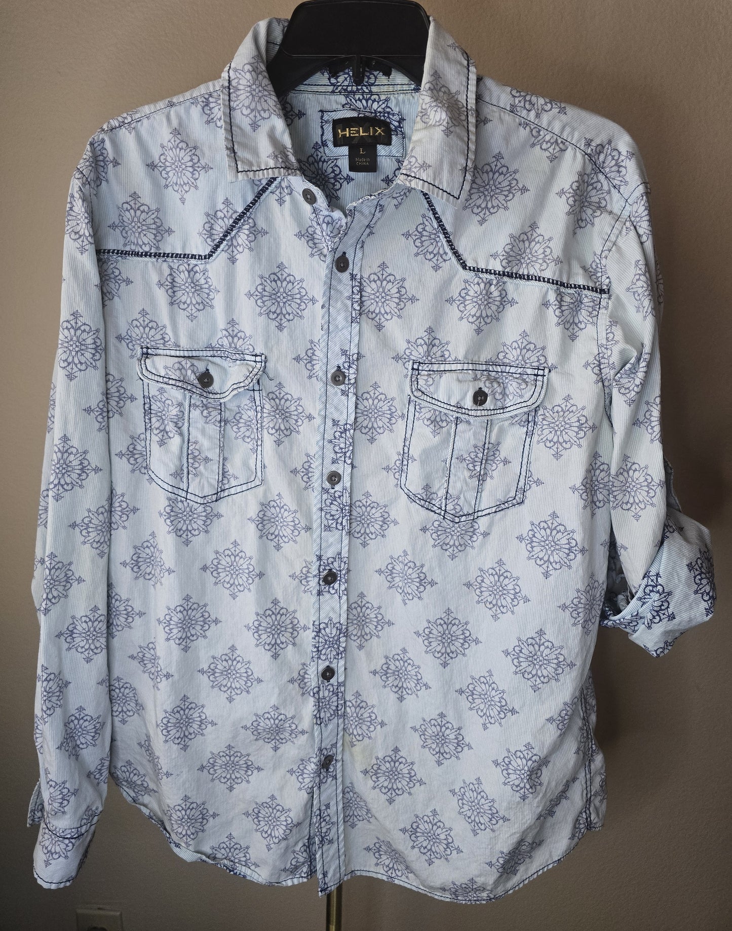 Pre-loved Blue & White Medallion Print Button-Up Shirt - Rolled Sleeves