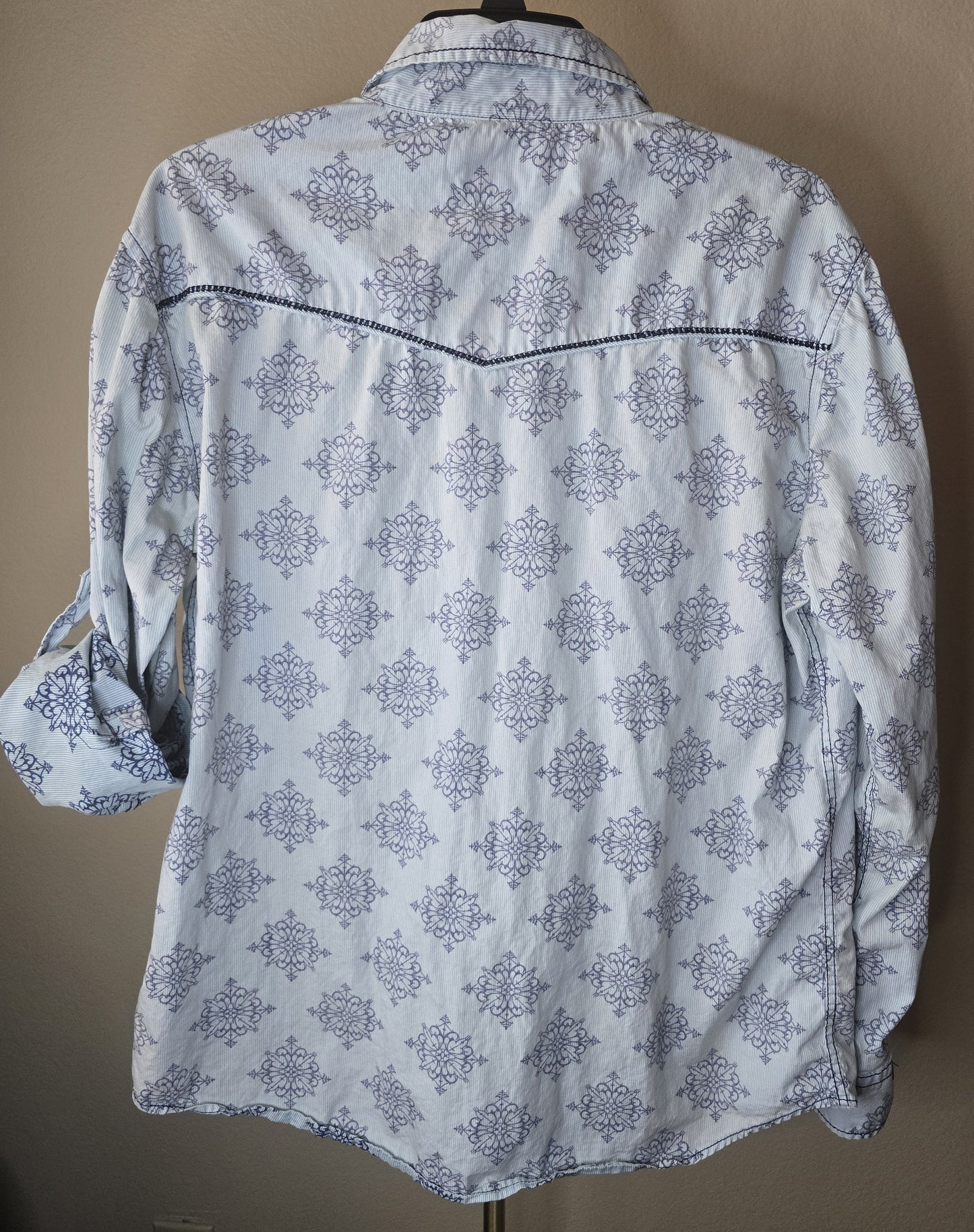 Pre-loved Blue & White Medallion Print Button-Up Shirt - Rolled Sleeves