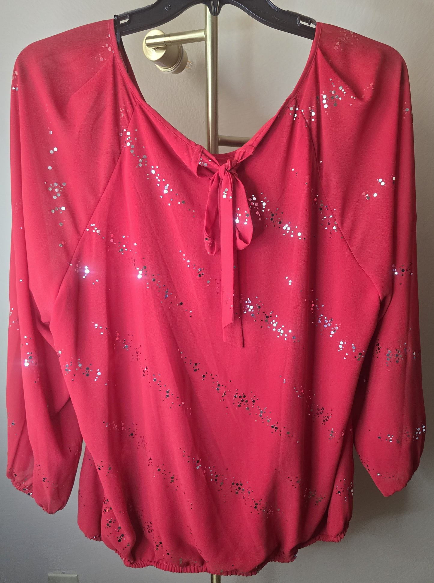 Pre-loved Red Sparkle Long Sleeve Blouse - Silver Sequin Dots