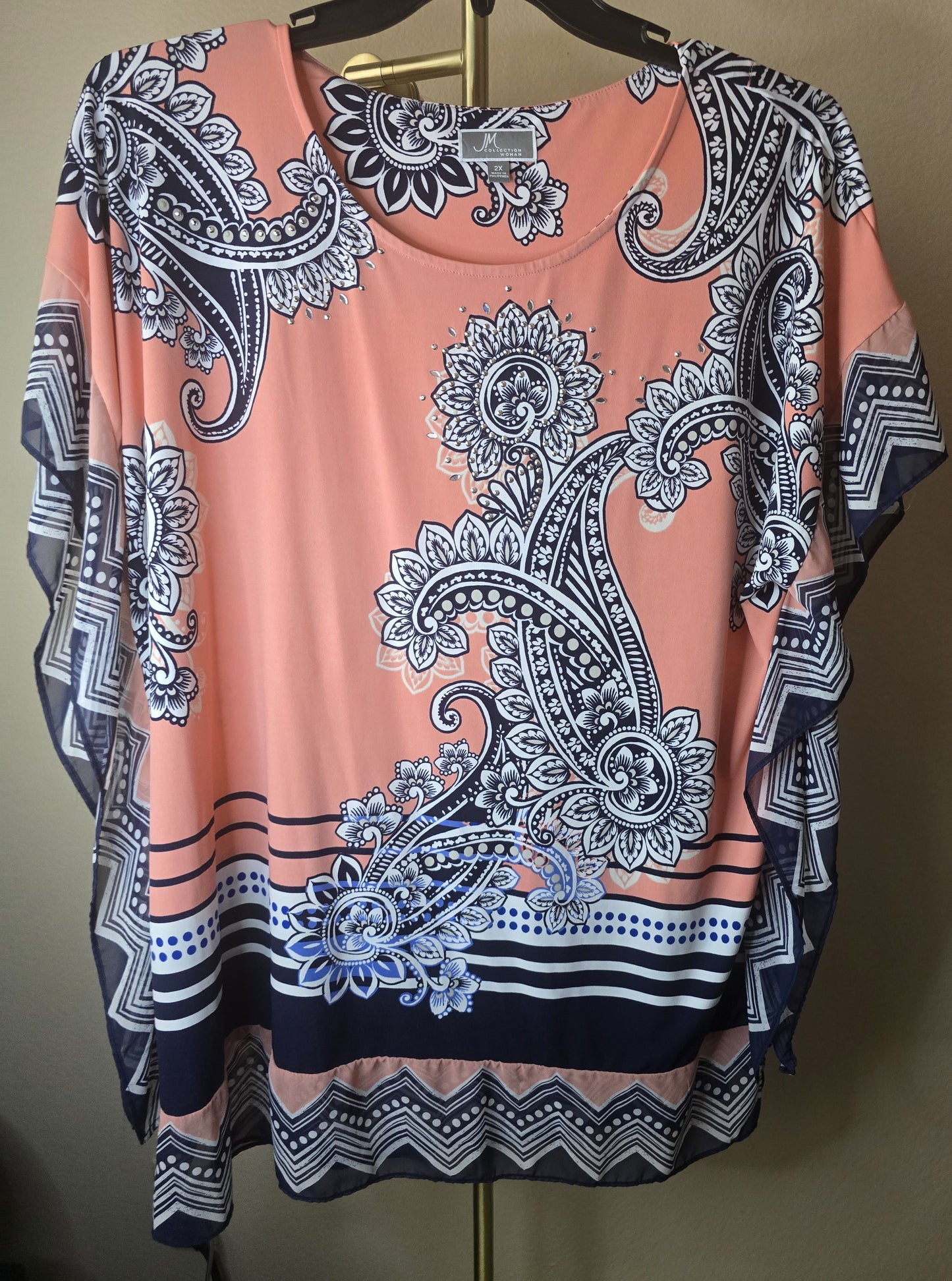 Pre-loved Peach & Navy Paisley Print Blouse - Flutter Sleeve Top