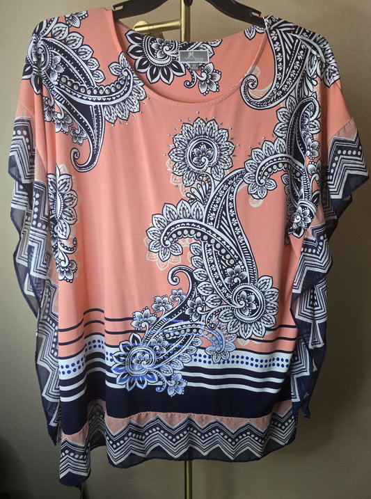 Pre-loved Peach & Navy Paisley Print Blouse - Flutter Sleeve Top