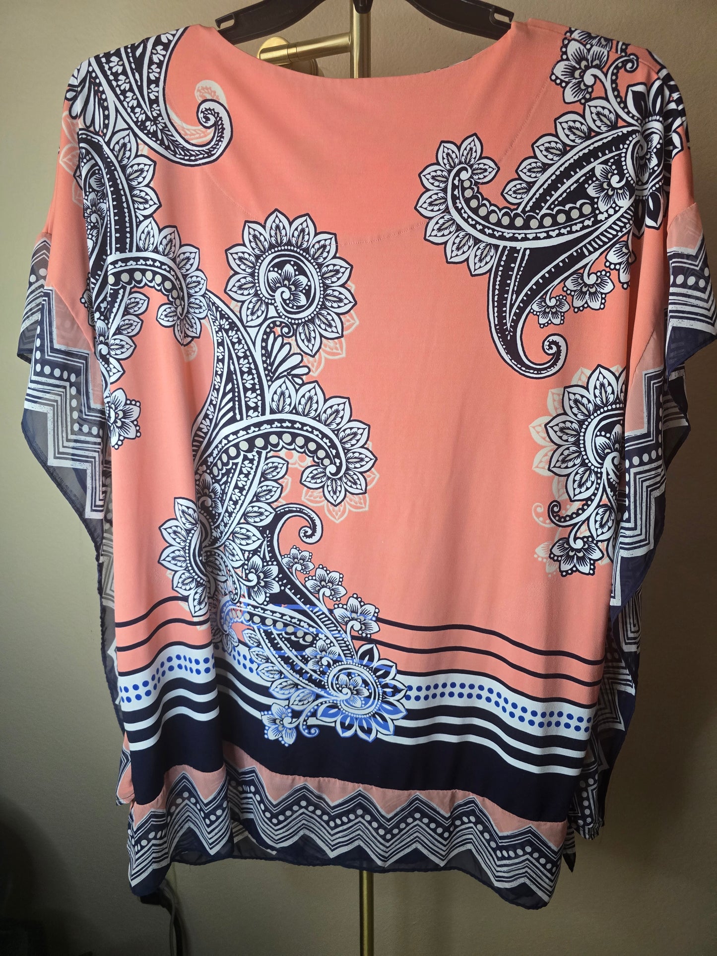 Pre-loved Peach & Navy Paisley Print Blouse - Flutter Sleeve Top