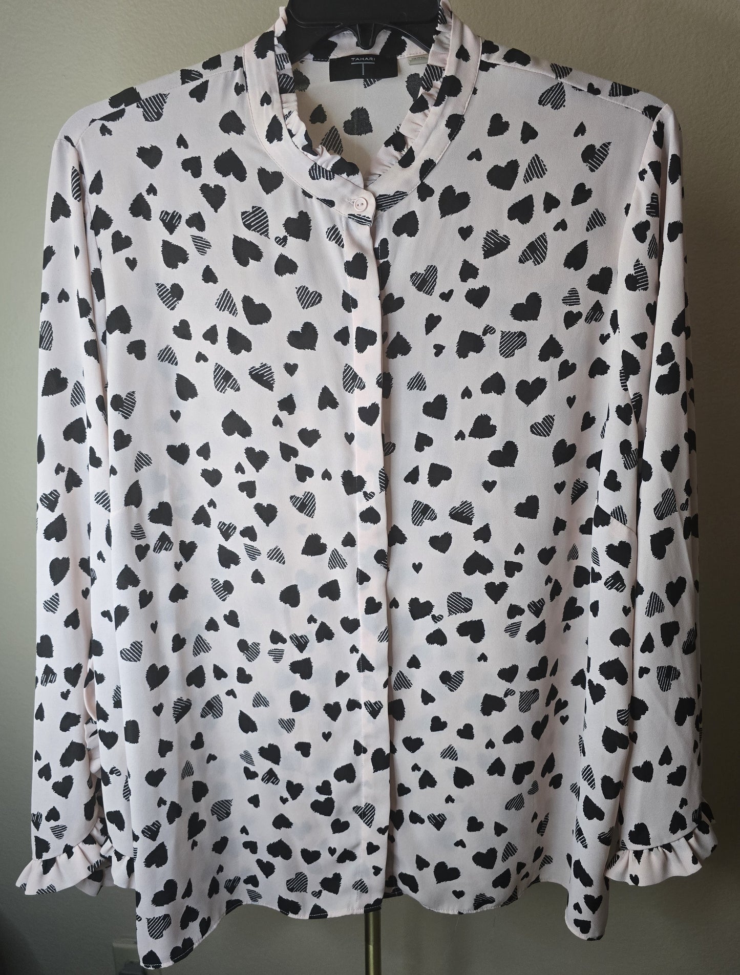 Pre-loved Pink & Black Heart Print Blouse - Ruffled Mock Neck & Sleeves