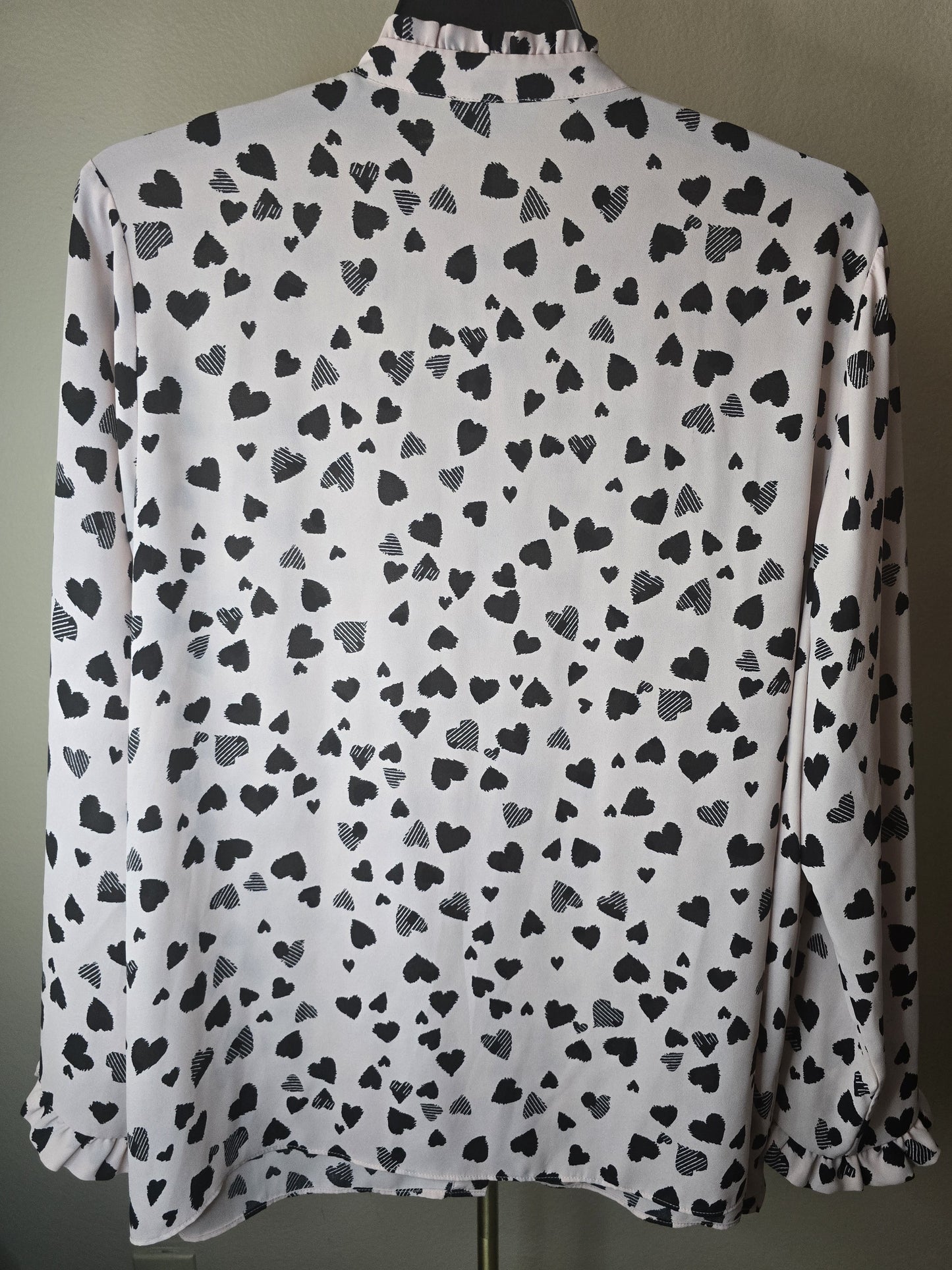 Pre-loved Pink & Black Heart Print Blouse - Ruffled Mock Neck & Sleeves