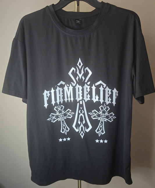 Pre-loved Black Graphic T-Shirt - Gothic Lettering & Crosses