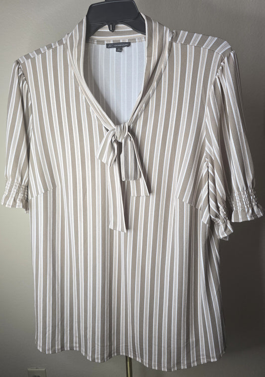 Pre-loved Beige & White Striped Tie V-Neck Blouse - Short Sleeve
