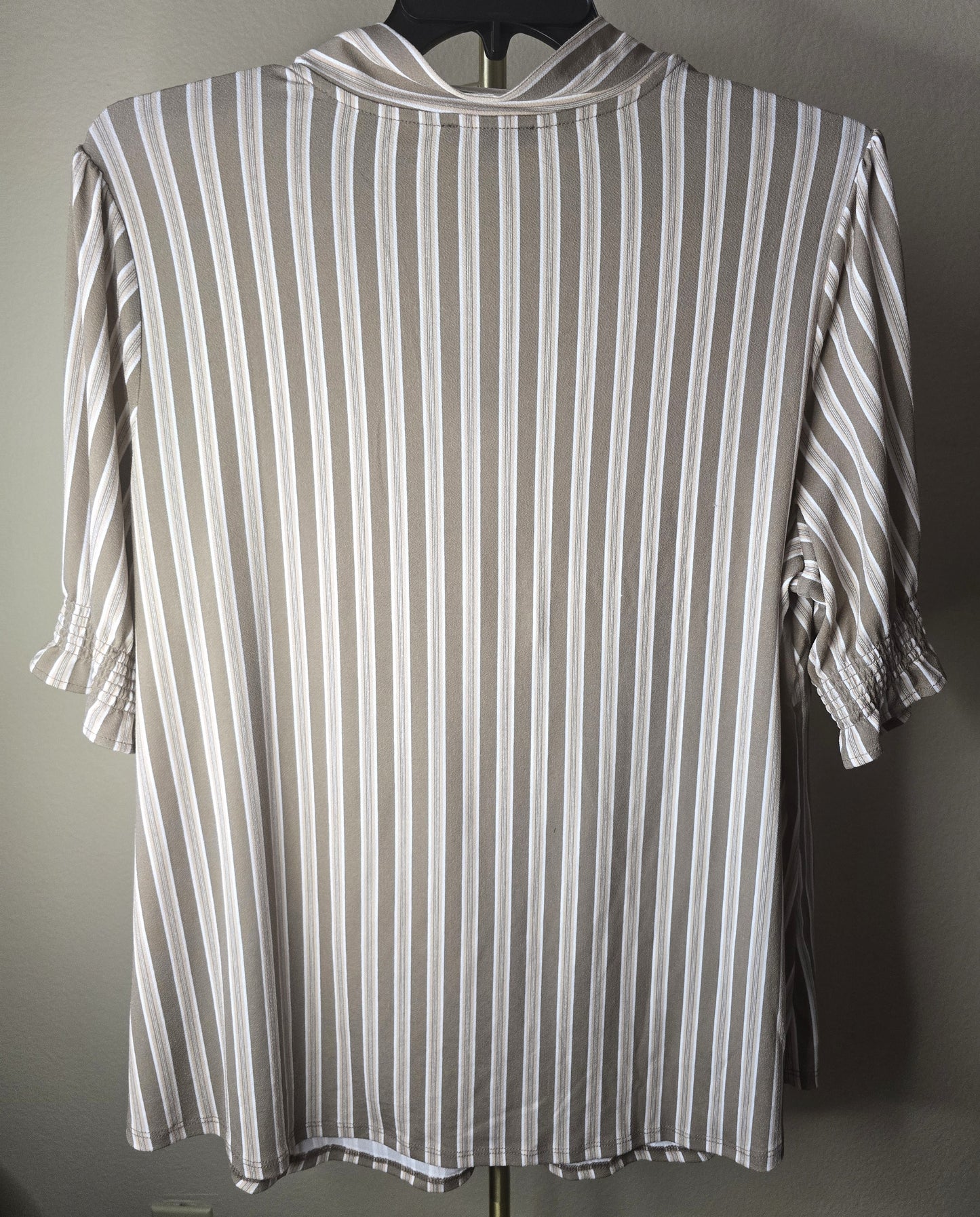 Pre-loved Beige & White Striped Tie V-Neck Blouse - Short Sleeve
