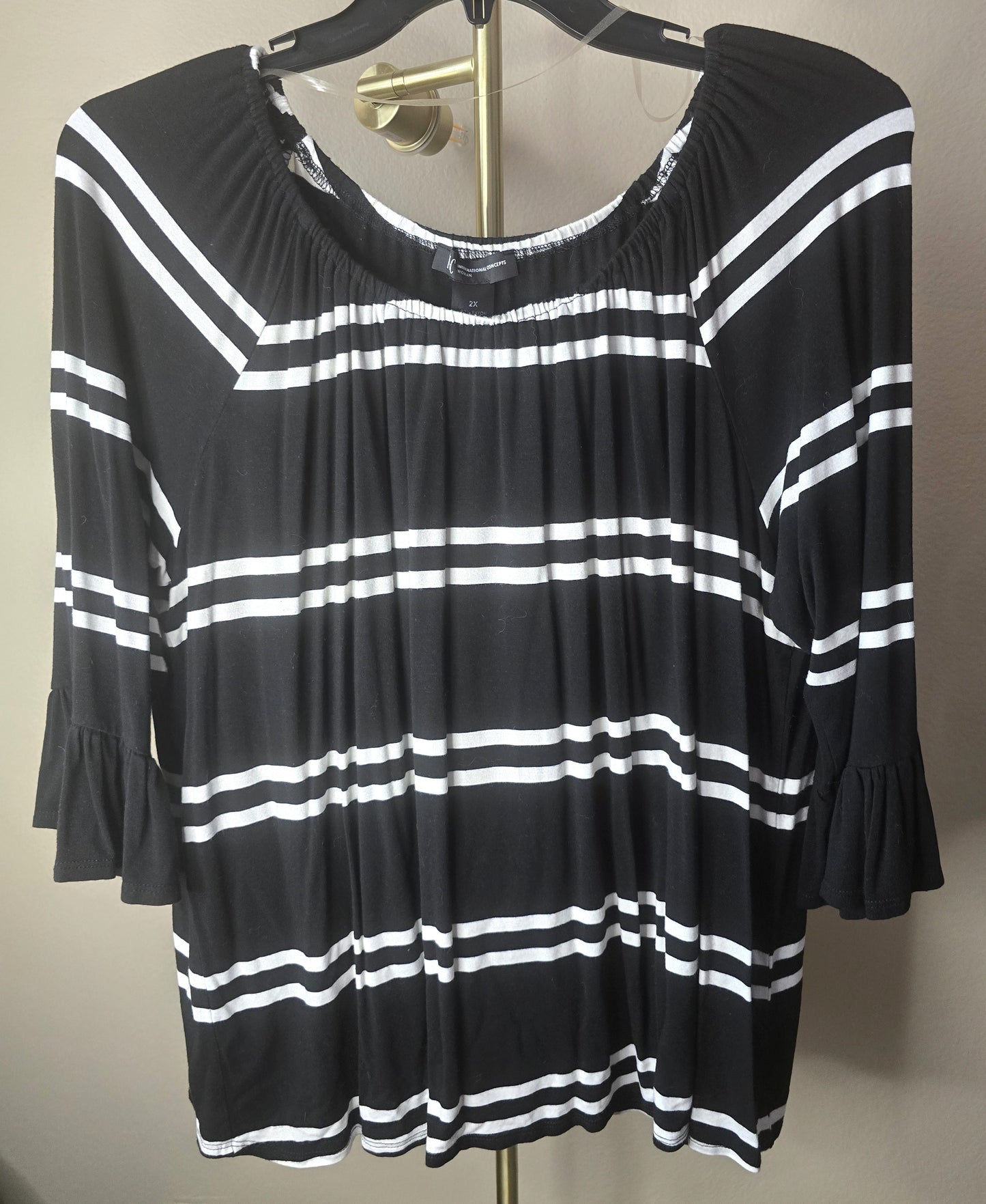 Pre-loved Black & White Striped Off-Shoulder Blouse - Ruffle Sleeves