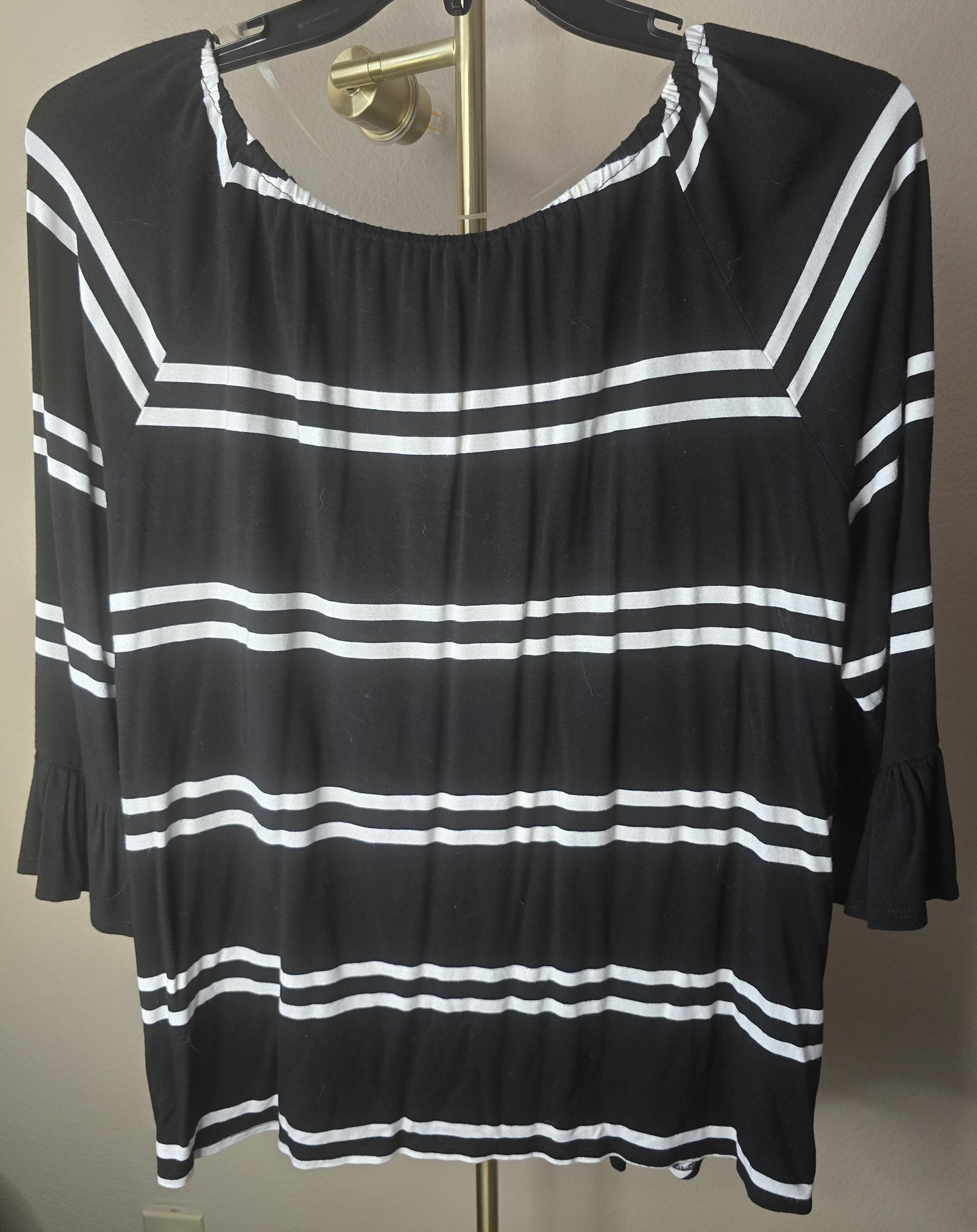 Pre-loved Black & White Striped Off-Shoulder Blouse - Ruffle Sleeves