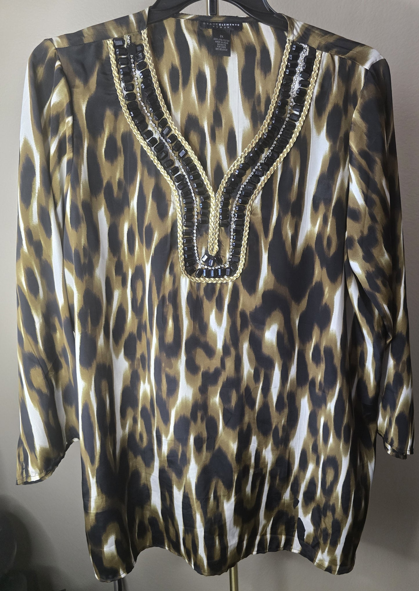 Pre-loved Animal Print Tunic Top - Beaded & Gold Chain V-Neck