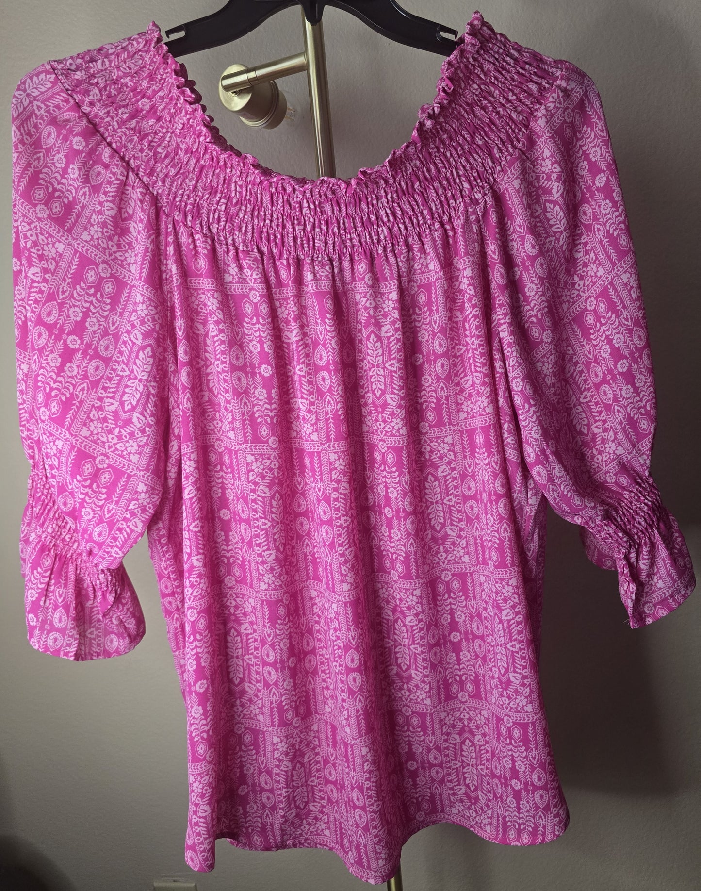 Pre-loved Hot Pink Off-Shoulder Smocked Top - White Bohemian Print