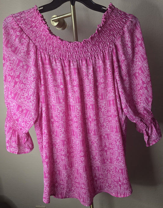 Pre-loved Hot Pink Off-Shoulder Smocked Top - White Bohemian Print