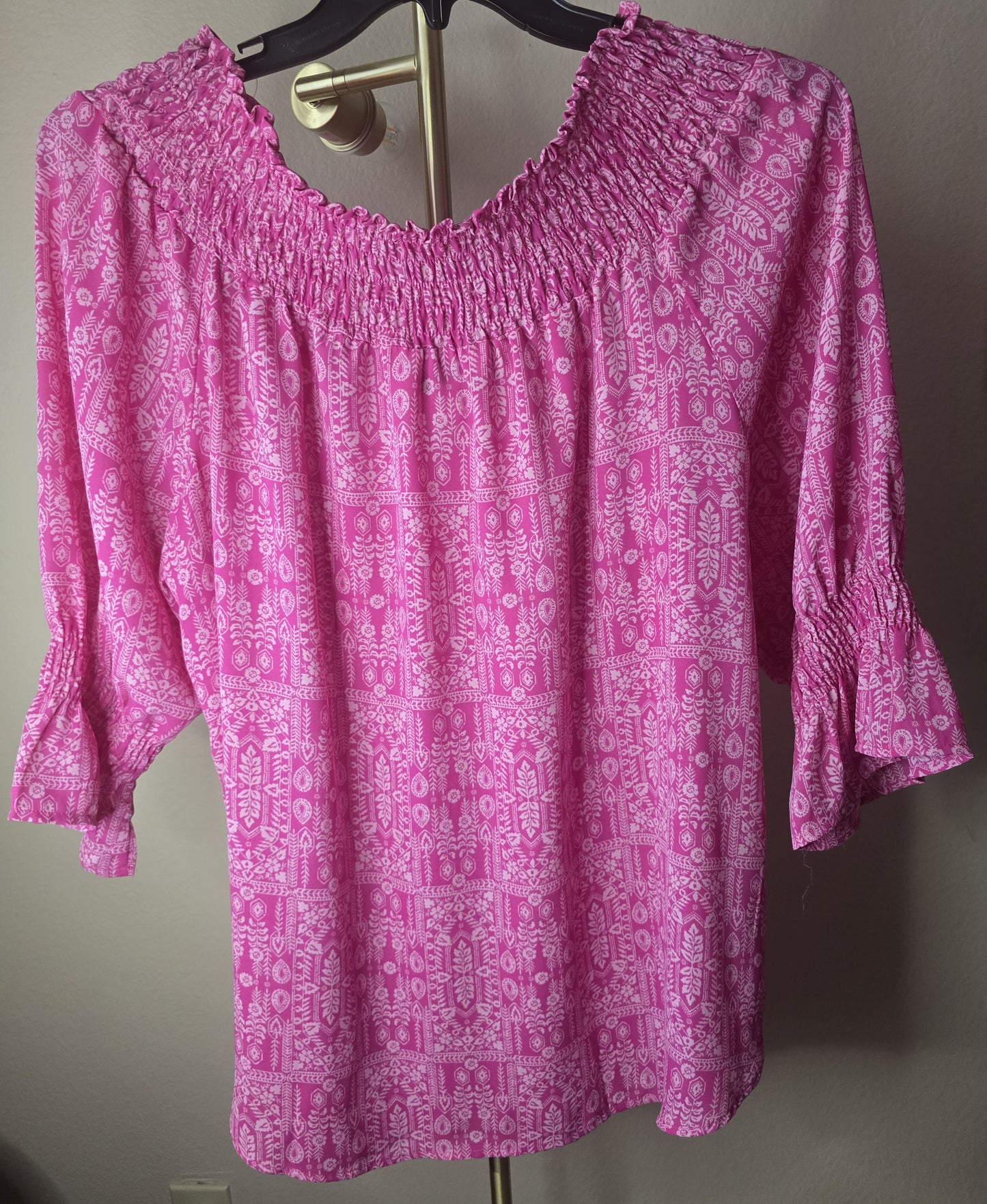 Pre-loved Hot Pink Off-Shoulder Smocked Top - White Bohemian Print