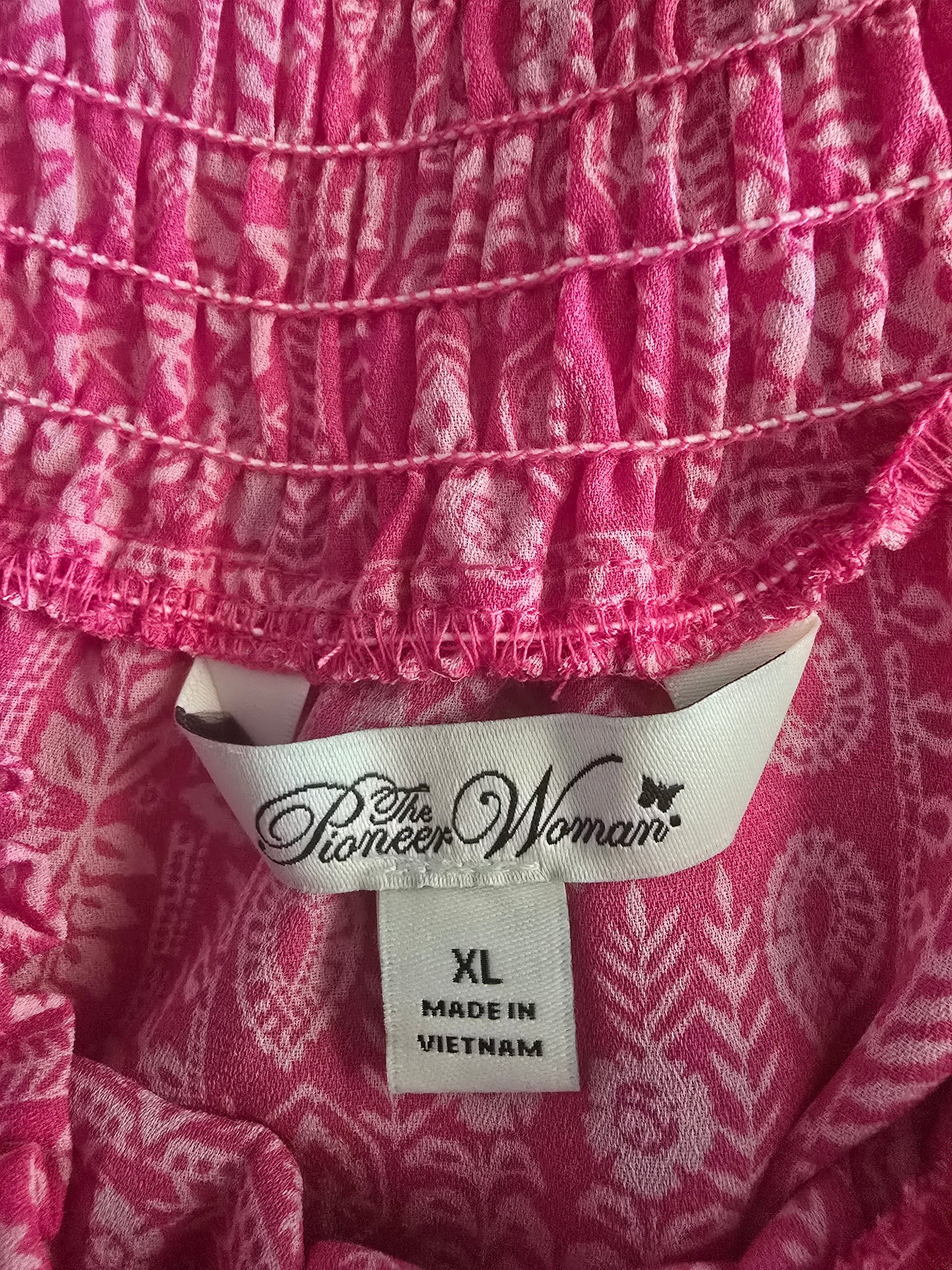 Pre-loved Hot Pink Off-Shoulder Smocked Top - White Bohemian Print