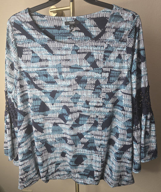 Pre-loved Alfani Blue & White Abstract Print Blouse - Crochet Bell Sleeves