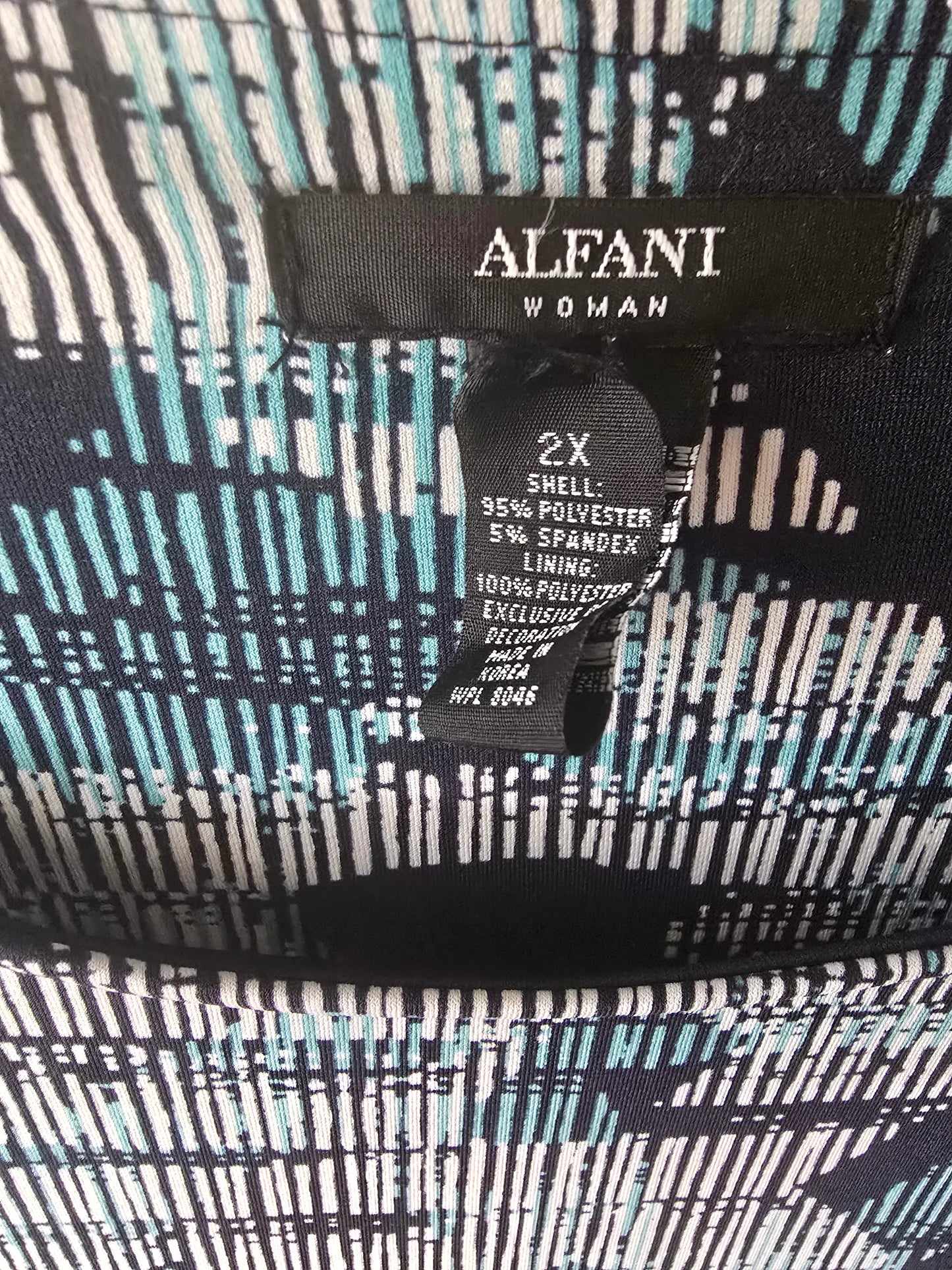 Pre-loved Alfani Blue & White Abstract Print Blouse - Crochet Bell Sleeves