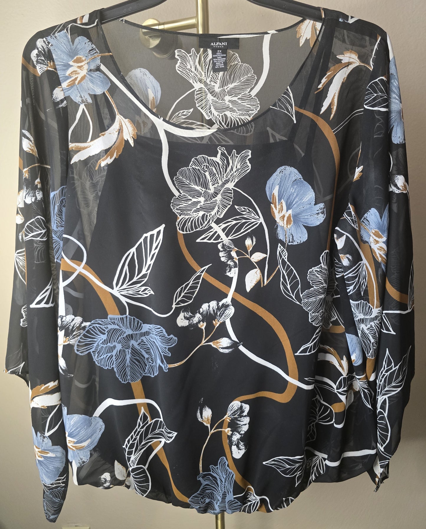Pre-loved Alfani Black Sheer Blouse - Blue & White Floral Leaf Print