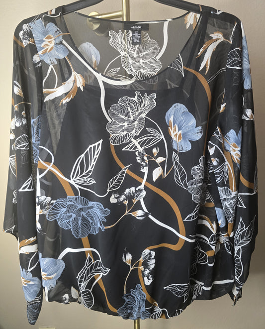 Pre-loved Alfani Black Sheer Blouse - Blue & White Floral Leaf Print