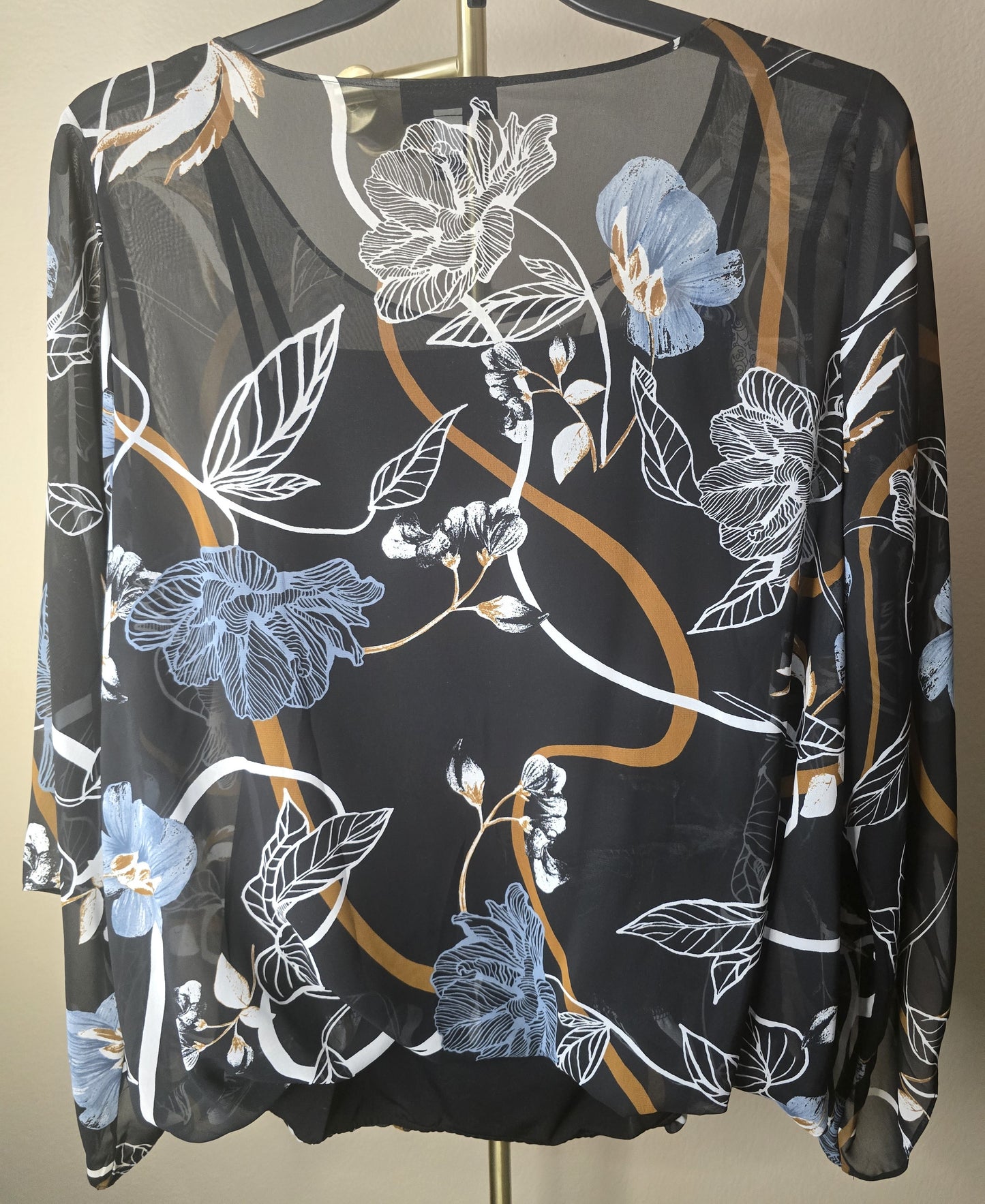 Pre-loved Alfani Black Sheer Blouse - Blue & White Floral Leaf Print