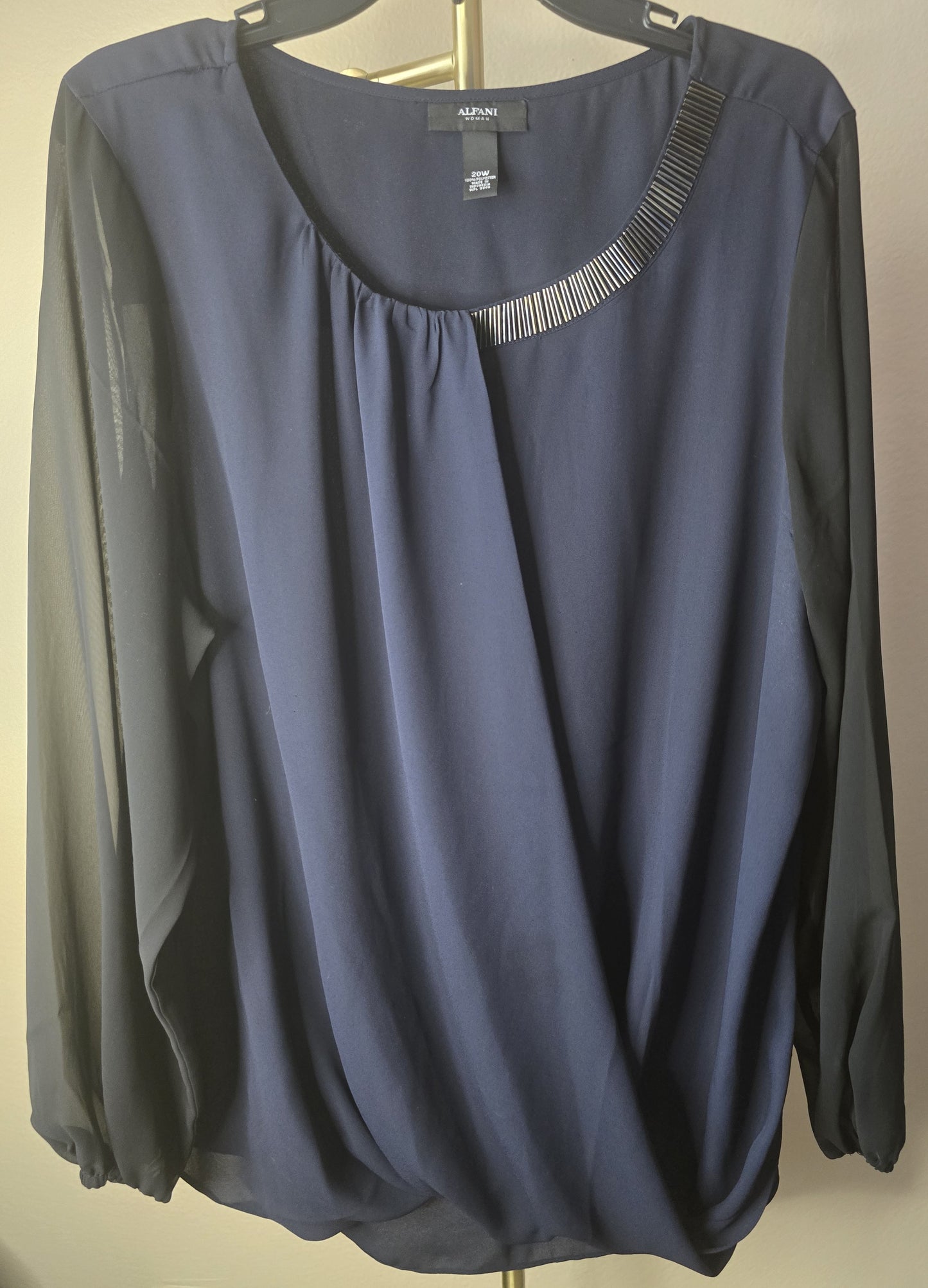 Pre-loved Alfani Navy Blue & Black Blouse - Beaded Scoop Neck Top