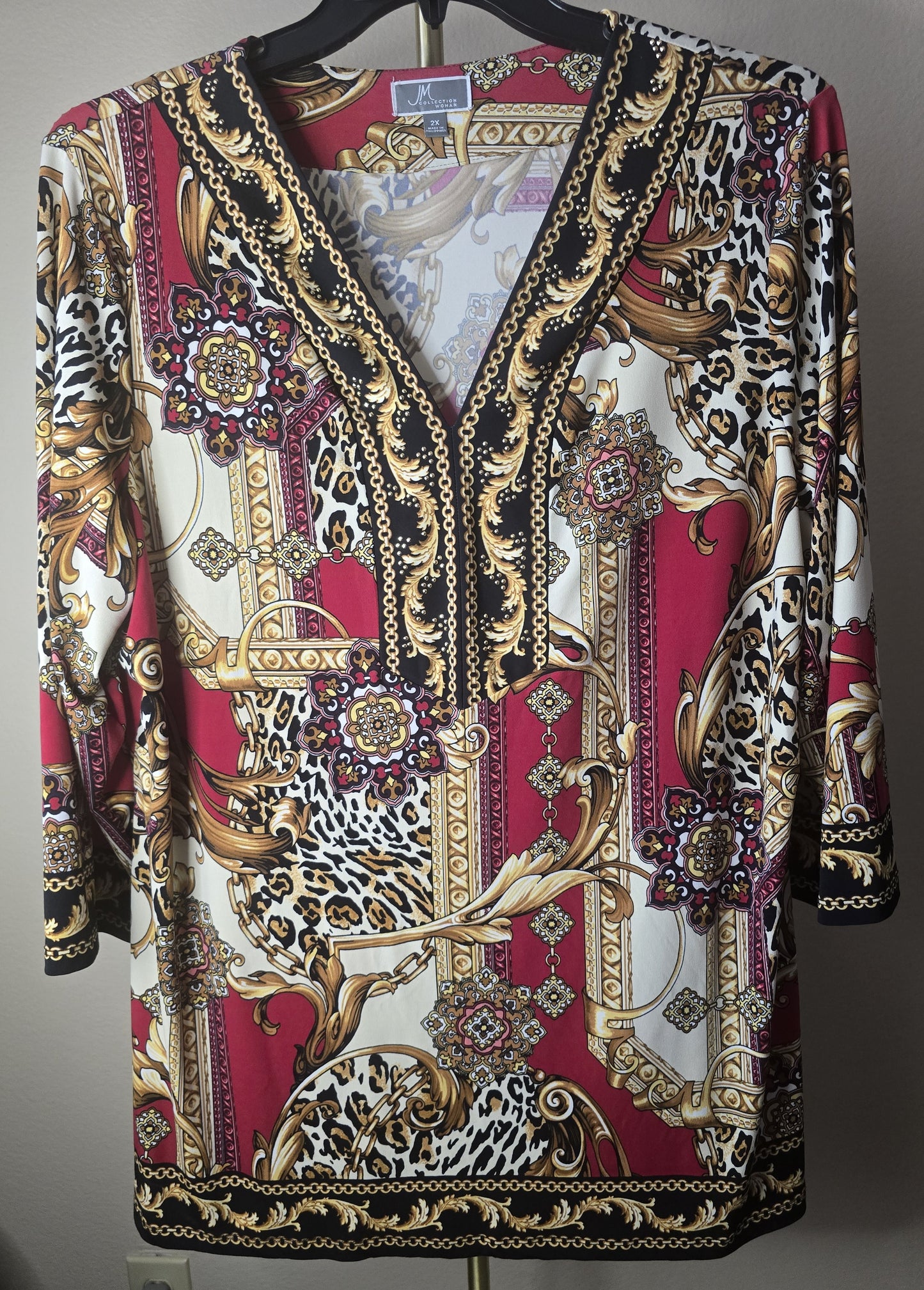 Pre-loved Red & Gold Ornate Print Blouse - Chain & Leopard Pattern