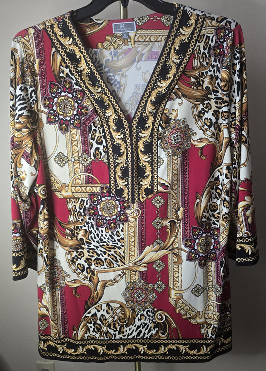 Pre-loved Red & Gold Ornate Print Blouse - Chain & Leopard Pattern