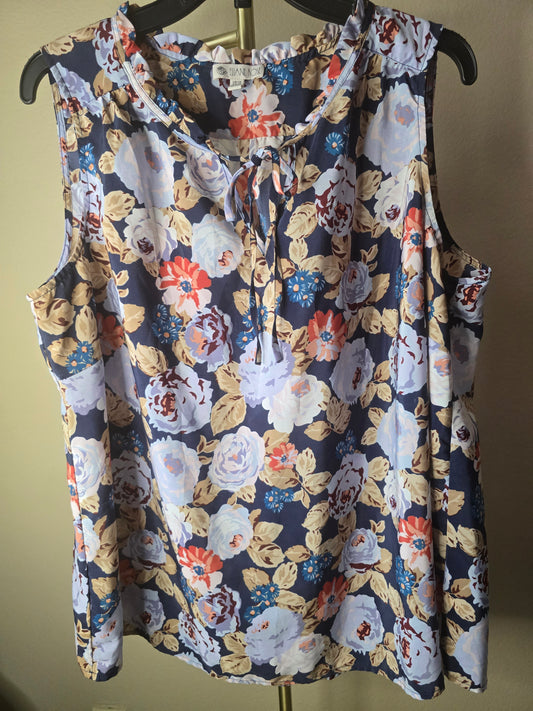 Pre-loved Navy Blue Sleeveless Blouse - Multi-Color Floral Print
