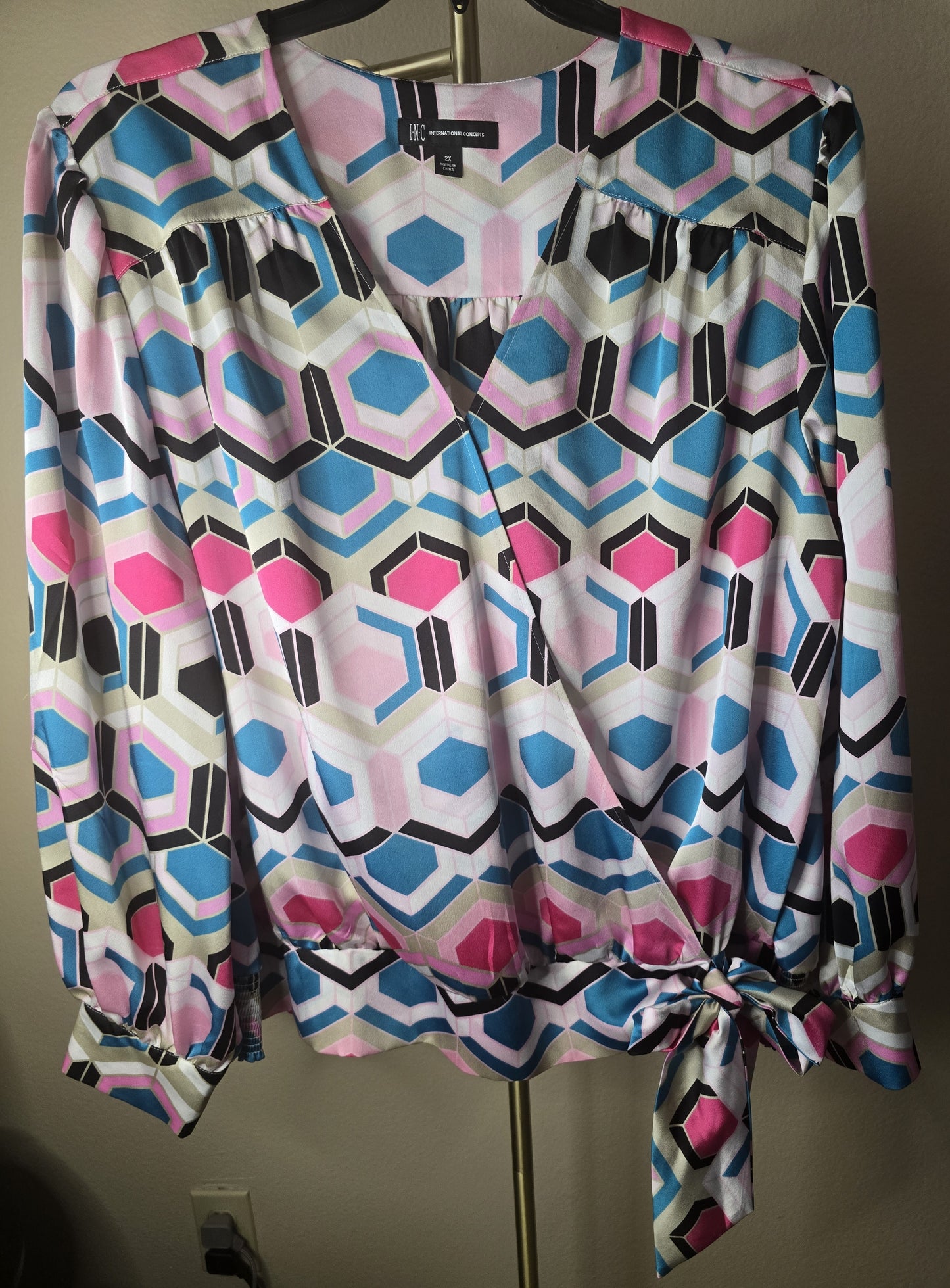 Pre-loved INC Multi-Color Geometric Blouse - Pink, Blue & White Wrap Top