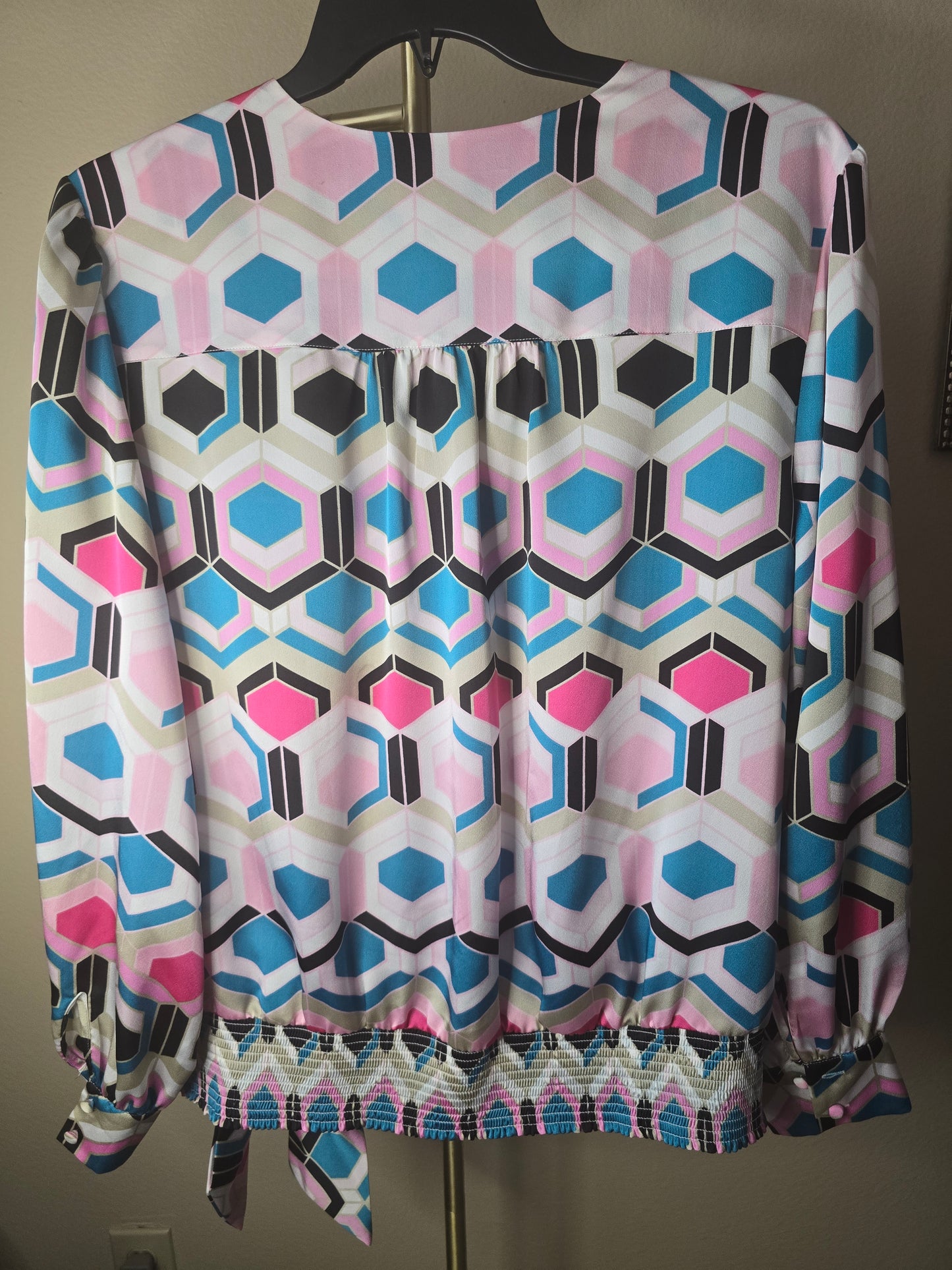 Pre-loved INC Multi-Color Geometric Blouse - Pink, Blue & White Wrap Top