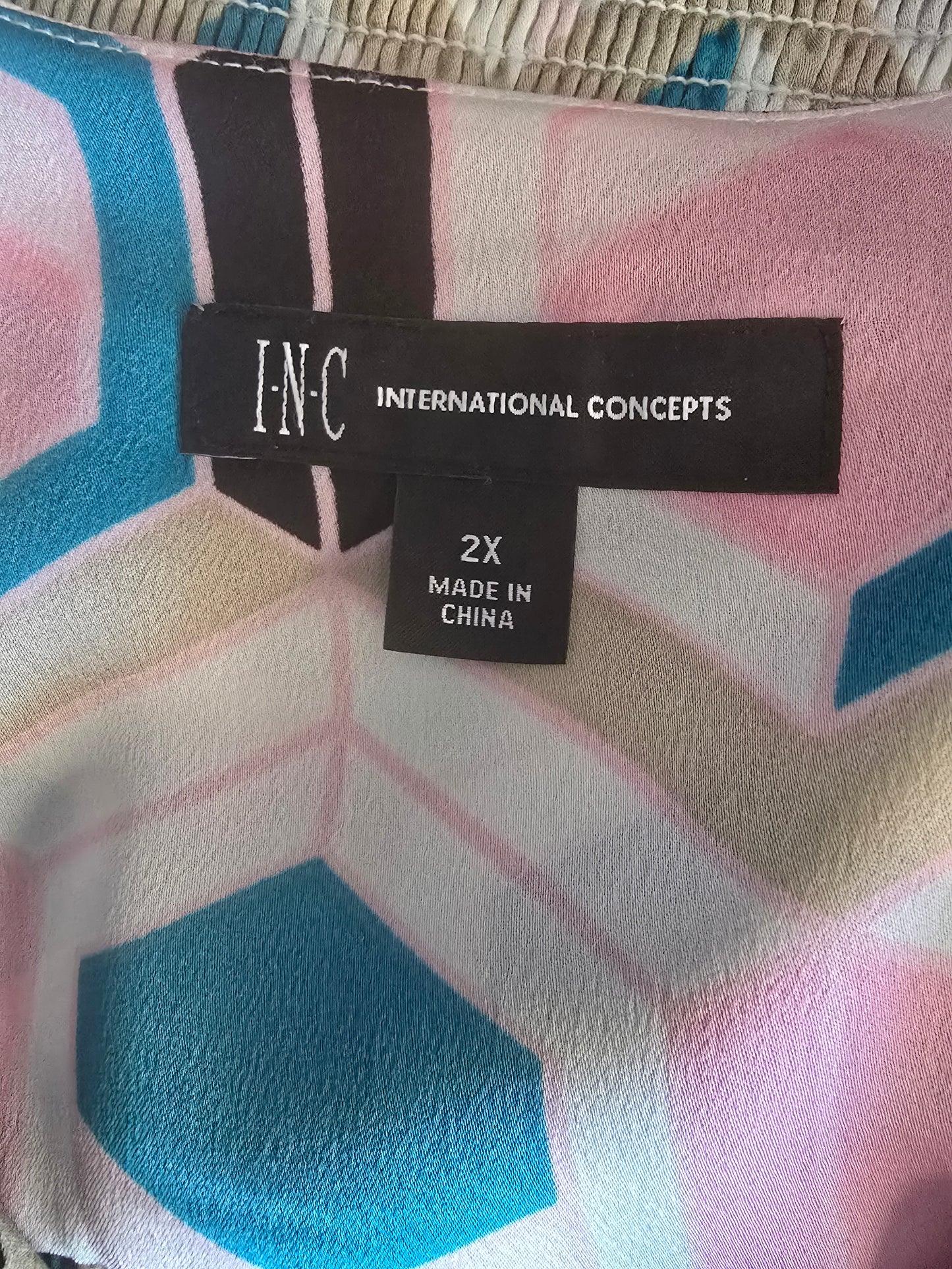 Pre-loved INC Multi-Color Geometric Blouse - Pink, Blue & White Wrap Top
